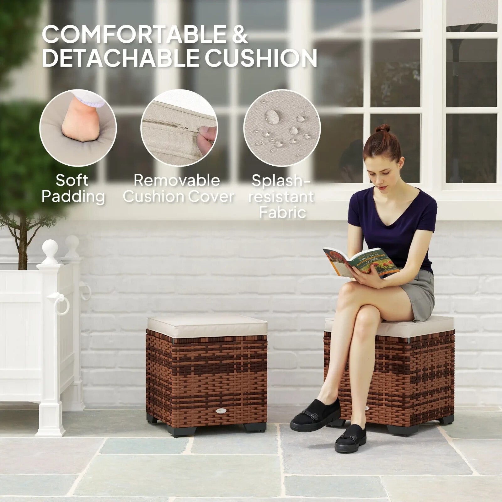 Set of 2 Rattan Outdoor Ottomans with Storage & Cushions Garden Footstools Beige - Home and Garden Furniture Shop - rustic - furniture