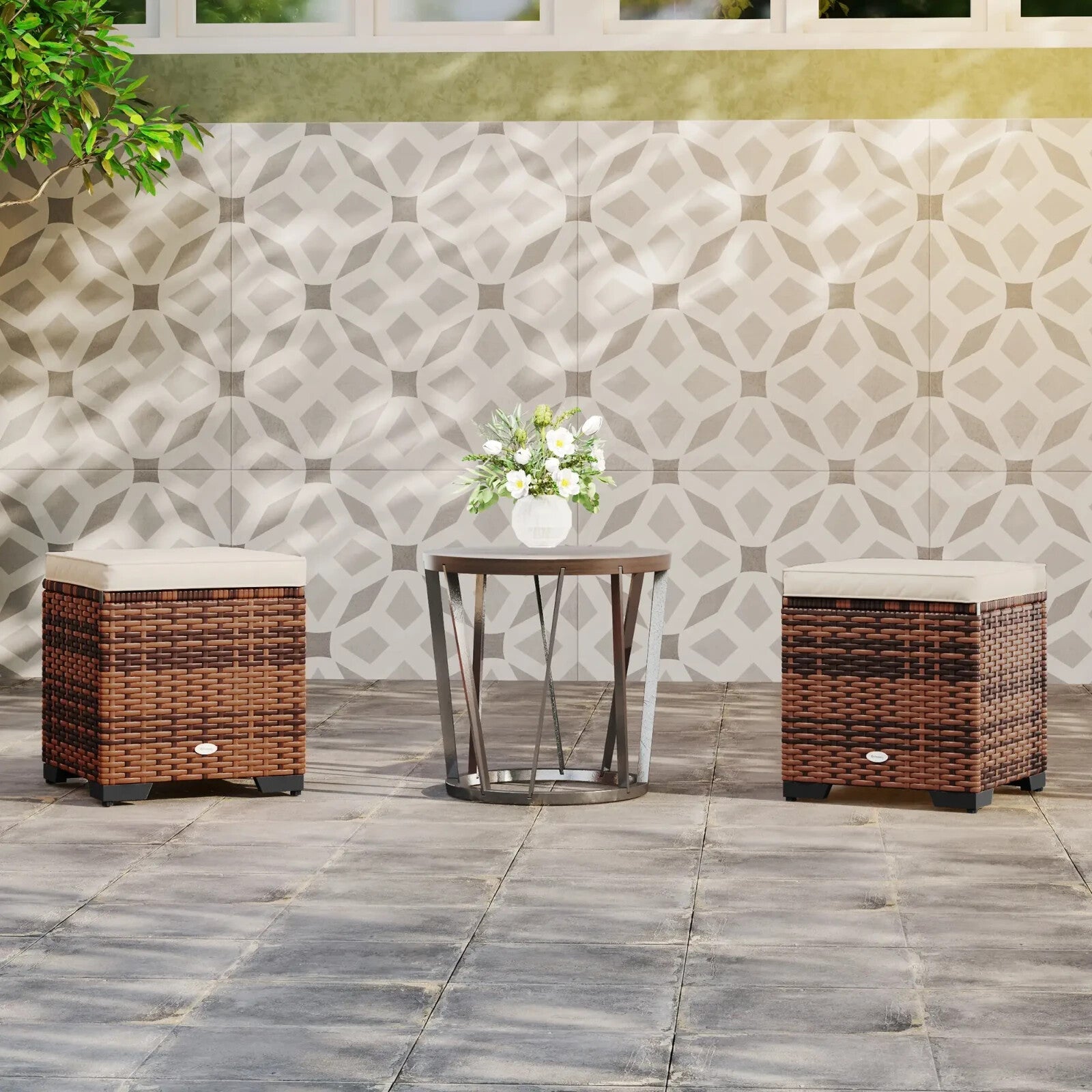 Set of 2 Rattan Outdoor Ottomans with Storage & Cushions Garden Footstools Beige - Home and Garden Furniture Shop - rustic - furniture
