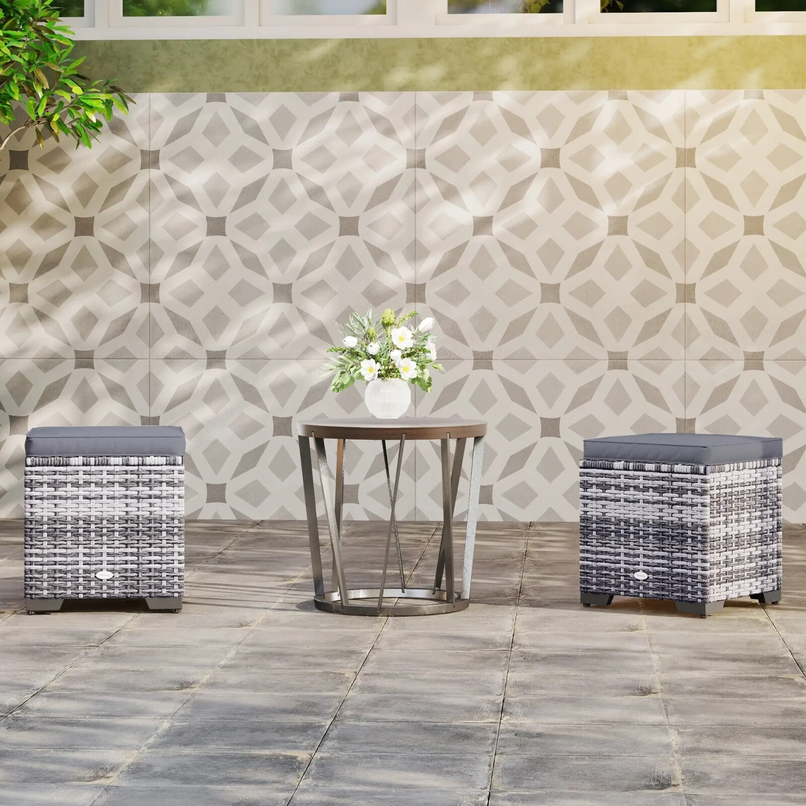 Set of 2 Rattan Storage Footstools Outdoor Ottomans with Cushions Dark Grey - Home and Garden Furniture Shop - rustic - furniture