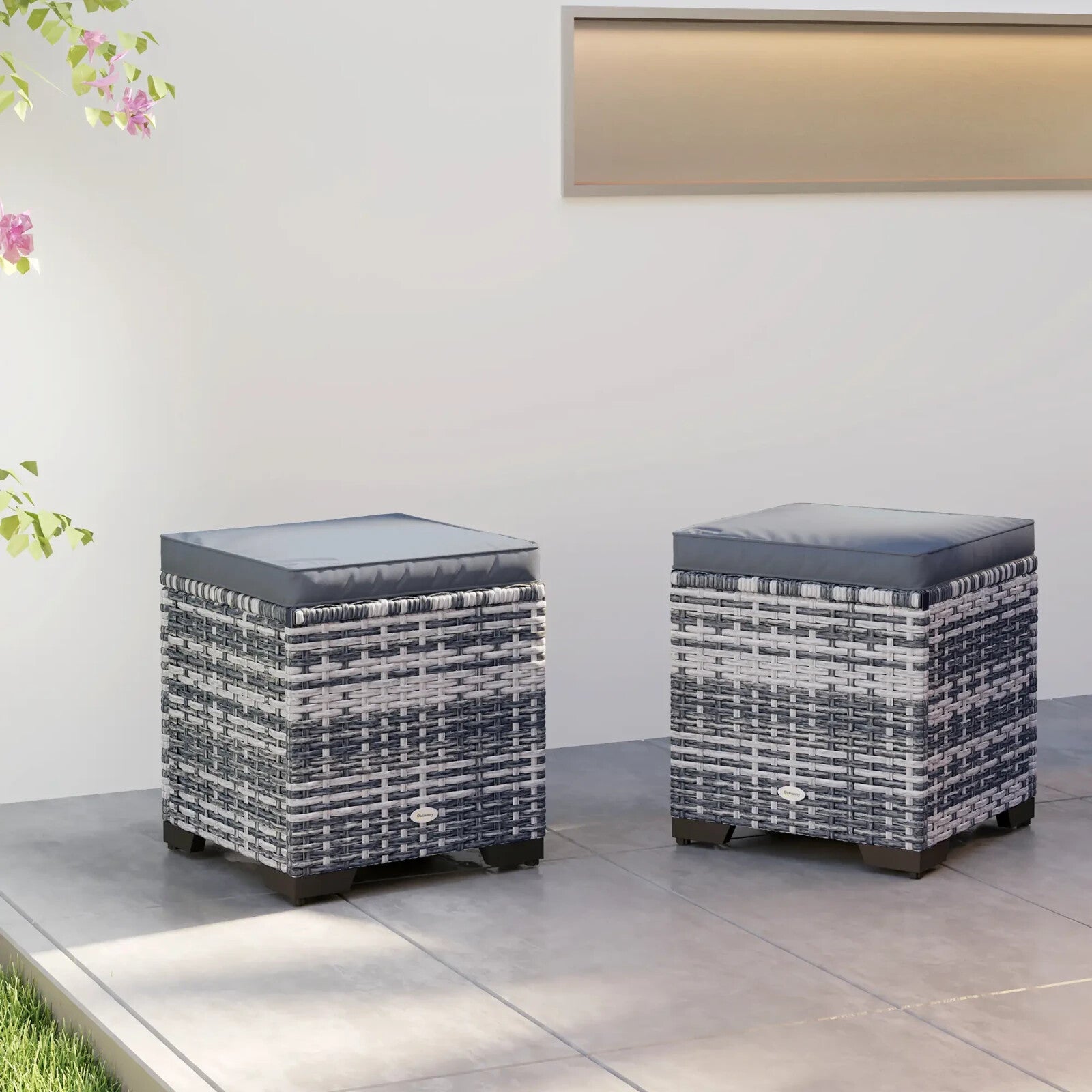 Set of 2 Rattan Storage Footstools Outdoor Ottomans with Cushions Dark Grey - Home and Garden Furniture Shop - rustic - furniture