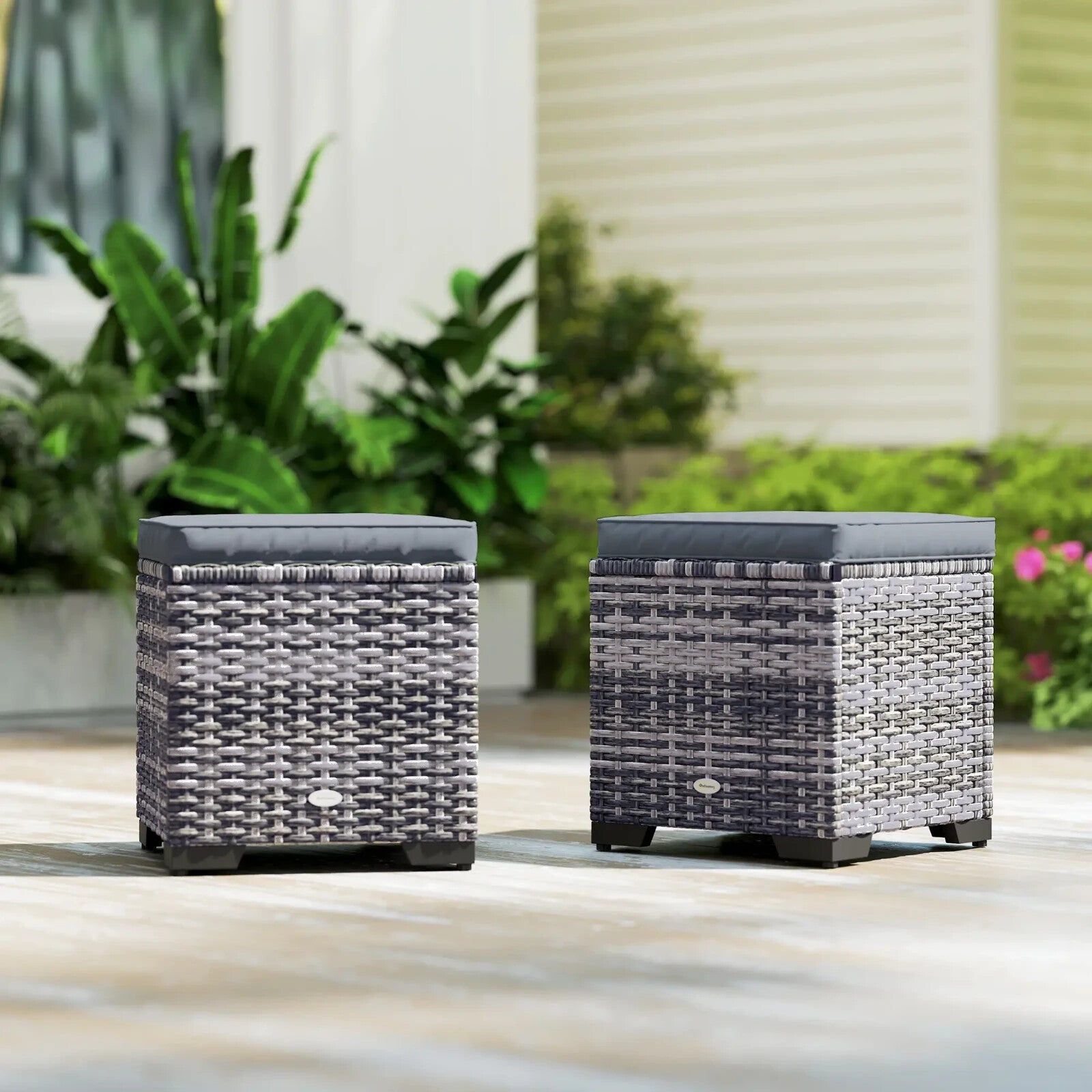 Set of 2 Rattan Storage Footstools Outdoor Ottomans with Cushions Dark Grey - Home and Garden Furniture Shop - rustic - furniture