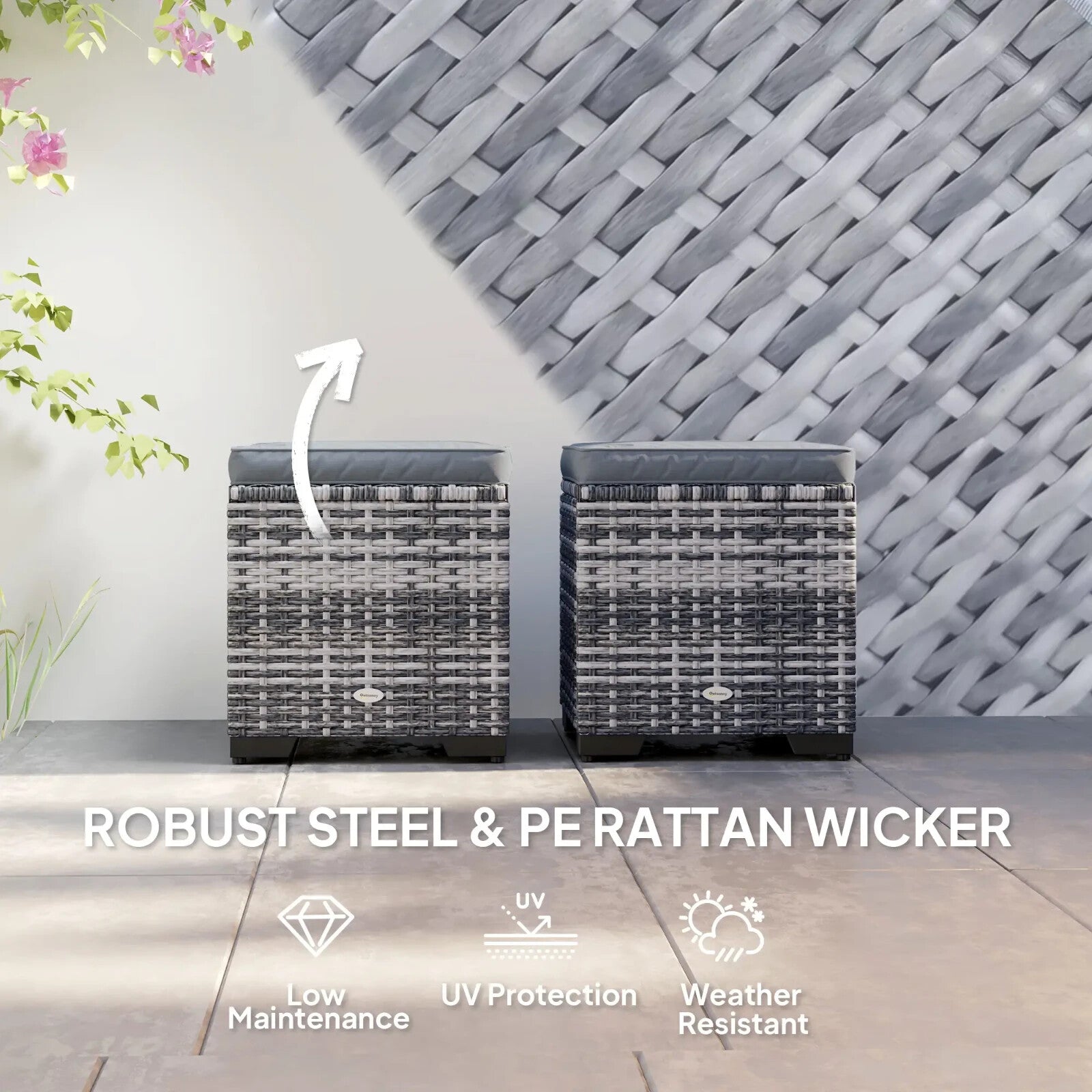 Set of 2 Rattan Storage Footstools Outdoor Ottomans with Cushions Dark Grey - Home and Garden Furniture Shop - rustic - furniture