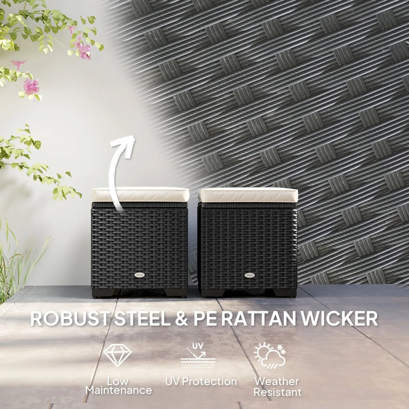 Set of 2 Rattan Storage Ottomans Outdoor Footstools with Cushions Garden Balcony - Home and Garden Furniture Shop - rustic - furniture