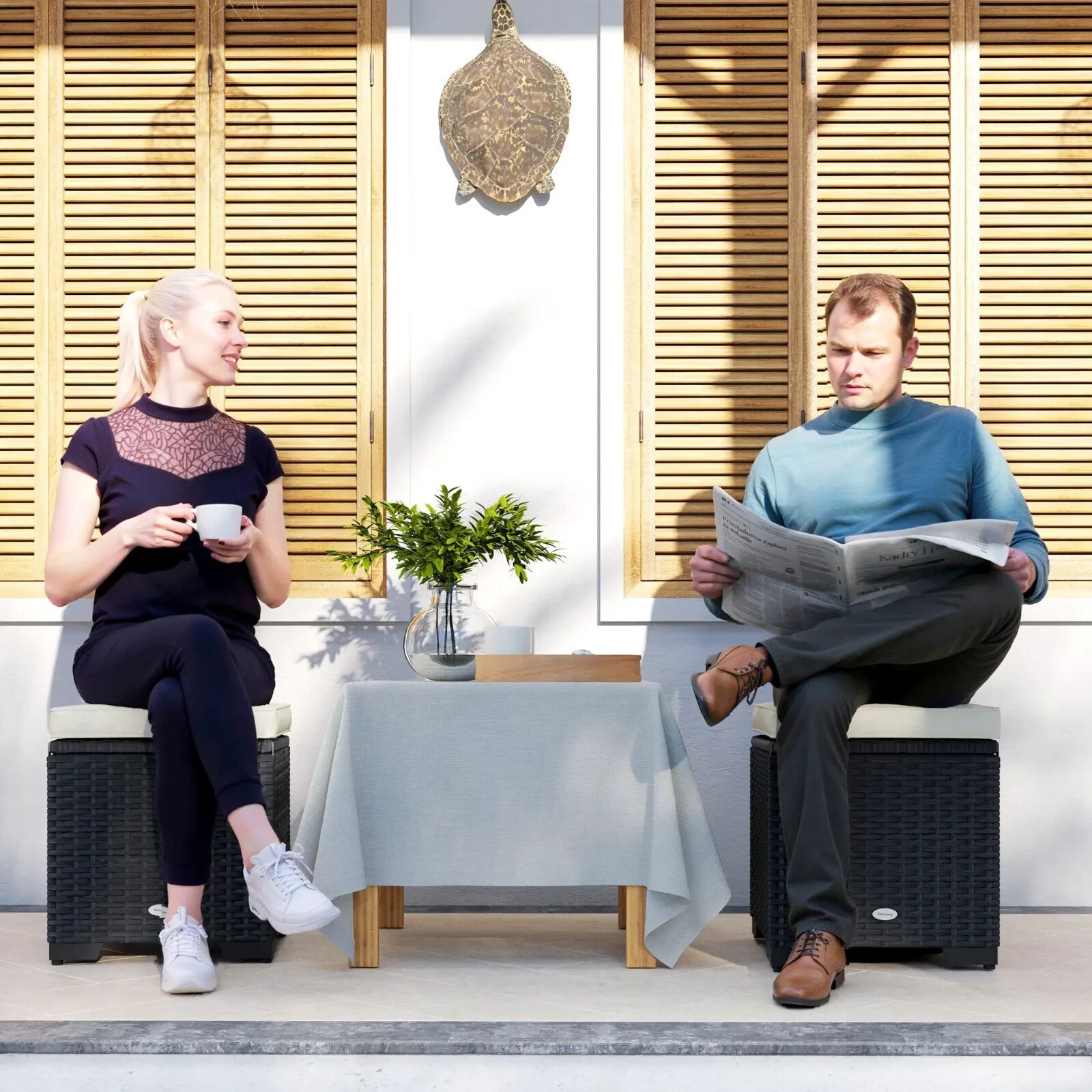 Set of 2 Rattan Storage Ottomans Outdoor Footstools with Cushions Garden Balcony - Home and Garden Furniture Shop - rustic - furniture