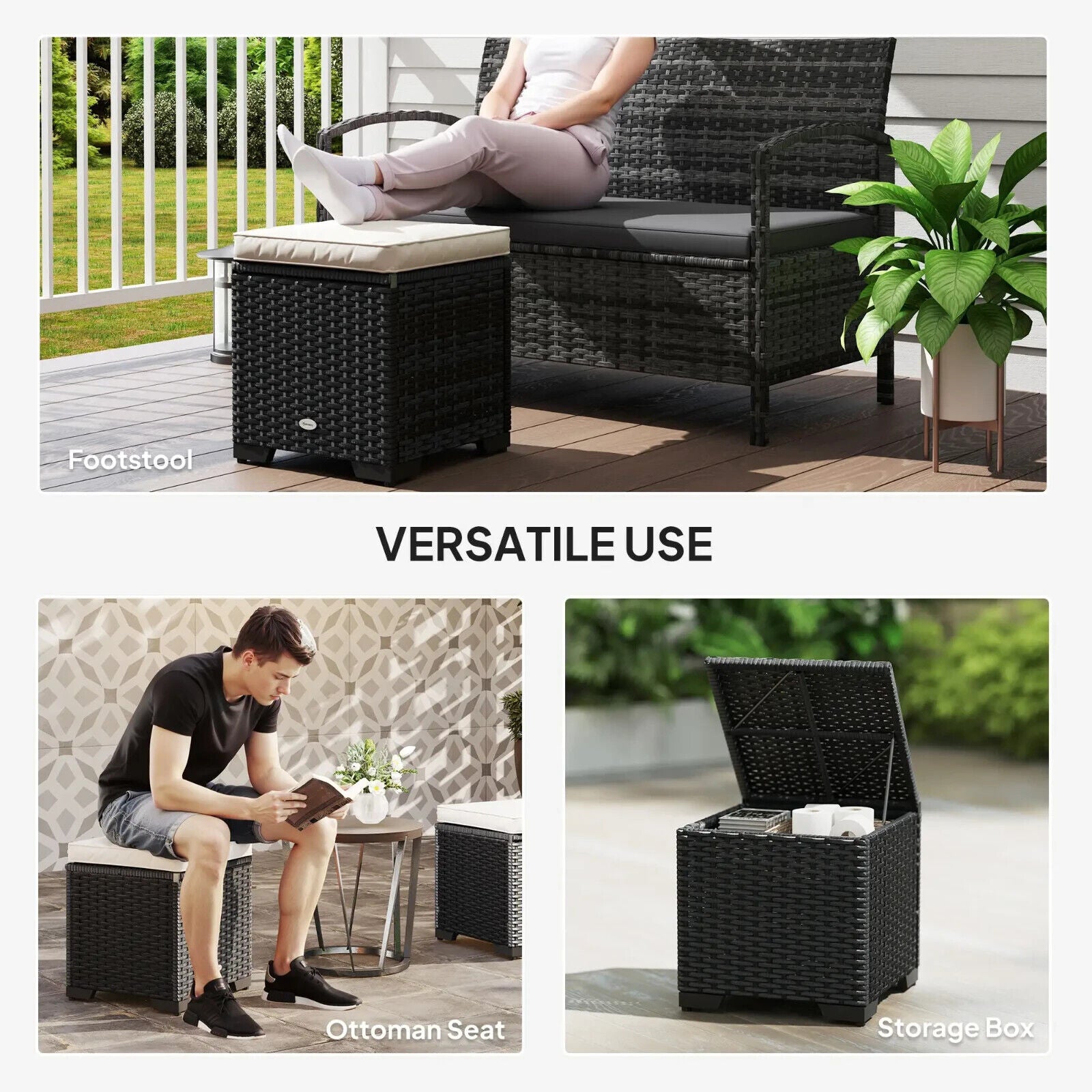 Set of 2 Rattan Storage Ottomans Outdoor Footstools with Cushions Garden Balcony - Home and Garden Furniture Shop - #rustic - furniture#