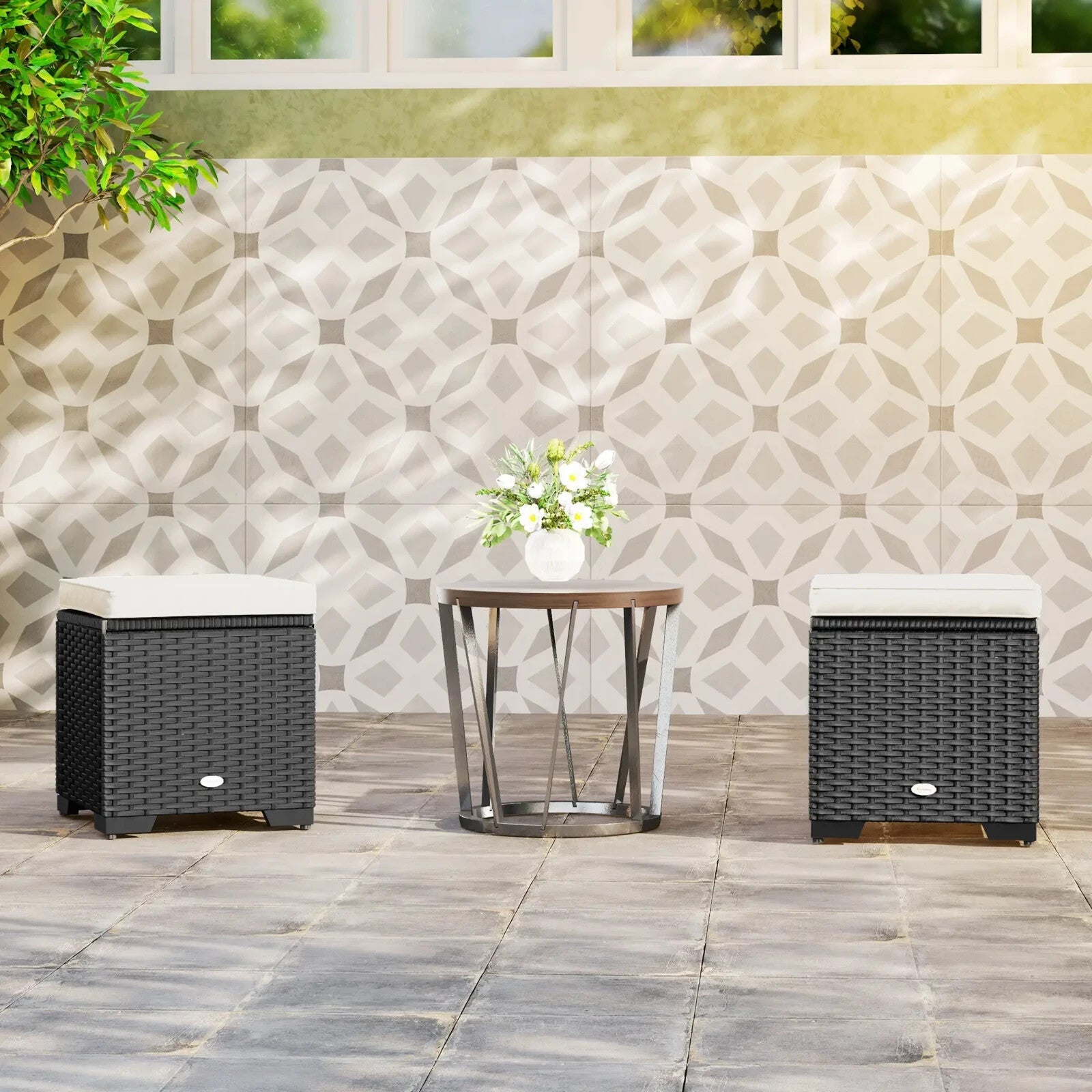 Set of 2 Rattan Storage Ottomans Outdoor Footstools with Cushions Garden Balcony - Home and Garden Furniture Shop - rustic - furniture