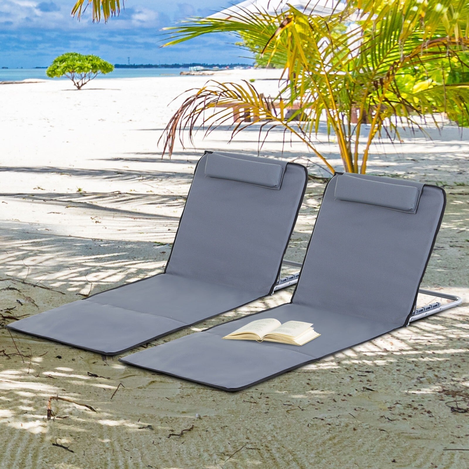Set of 2 Reclining Beach Mats with Steel Frame Portable Folding Loungers Grey - Home and Garden Furniture Shop - rustic - furniture