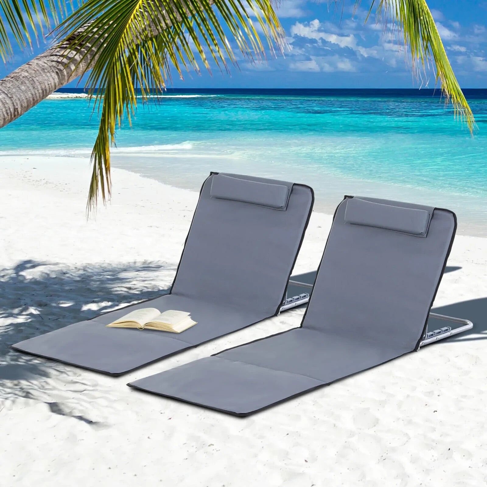 Set of 2 Reclining Beach Mats with Steel Frame Portable Folding Loungers Grey - Home and Garden Furniture Shop - rustic - furniture