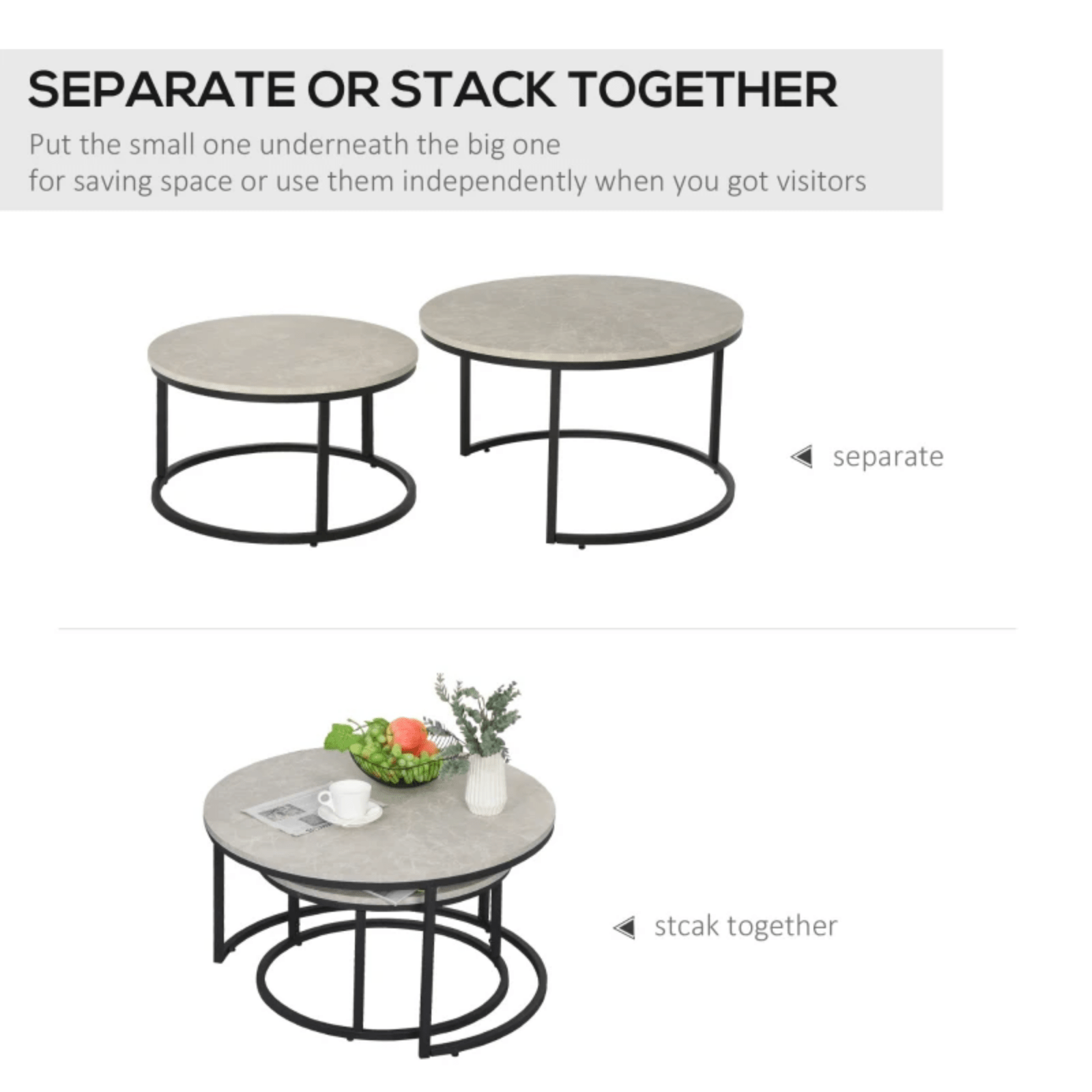 Set of 2 Stacking Coffee Table Metal Legs Marble Effect Top Nesting Side Tables - Home and Garden Furniture Shop - rustic - furniture