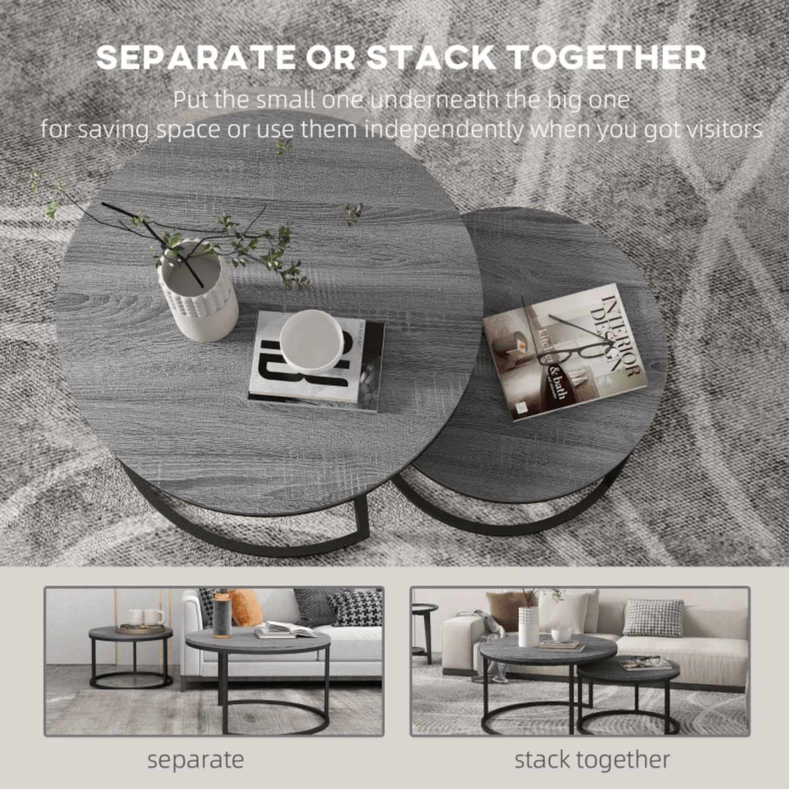 Set of 2 Stacking Coffee Table Metal Legs Marble Effect Top Nesting Side Tables - Home and Garden Furniture Shop - rustic - furniture