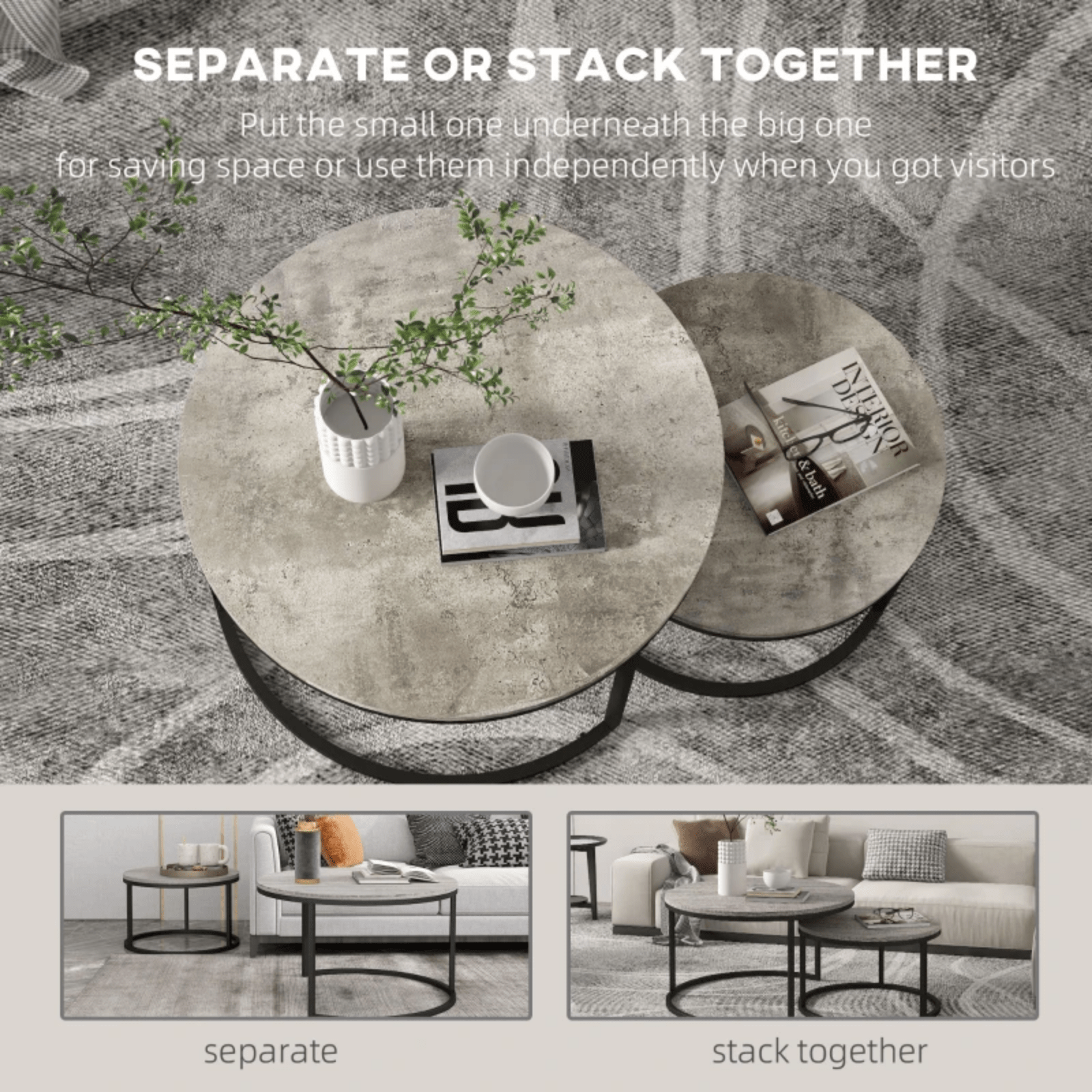 Set of 2 Stacking Coffee Table Metal Legs Marble Effect Top Nesting Side Tables - Home and Garden Furniture Shop - rustic - furniture