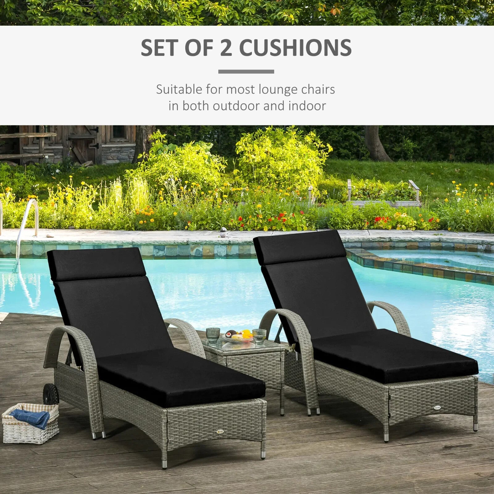 Set Of 2 Sun Lounger Cushions For Rattan Furniture With Ties Replacement Black - Home and Garden Furniture Shop - rustic - furniture