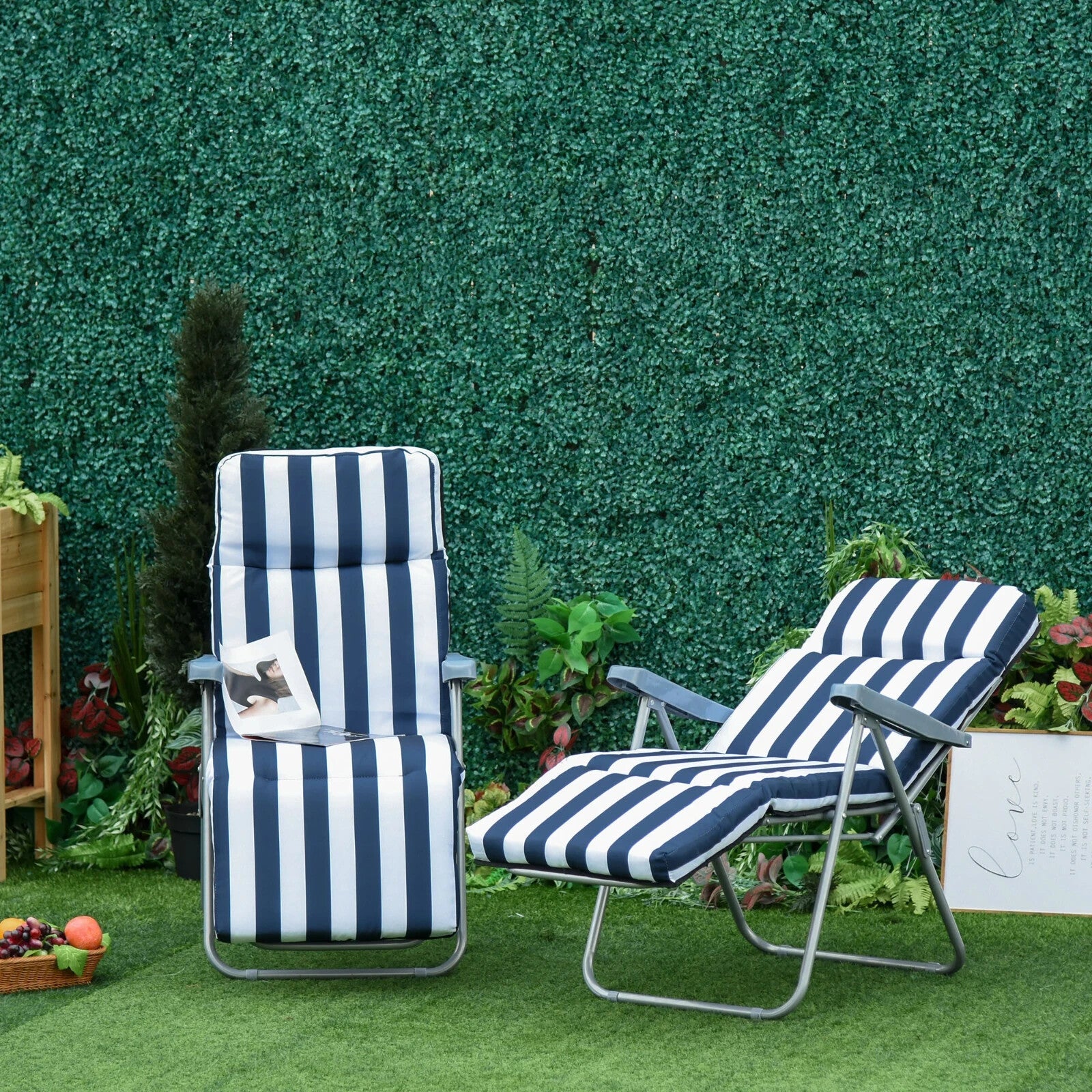 Set of 2 Sun Lounger Folding Recliner Chairs Patio Day Bed w/ Cushion Blue White - Home and Garden Furniture Shop - rustic - furniture