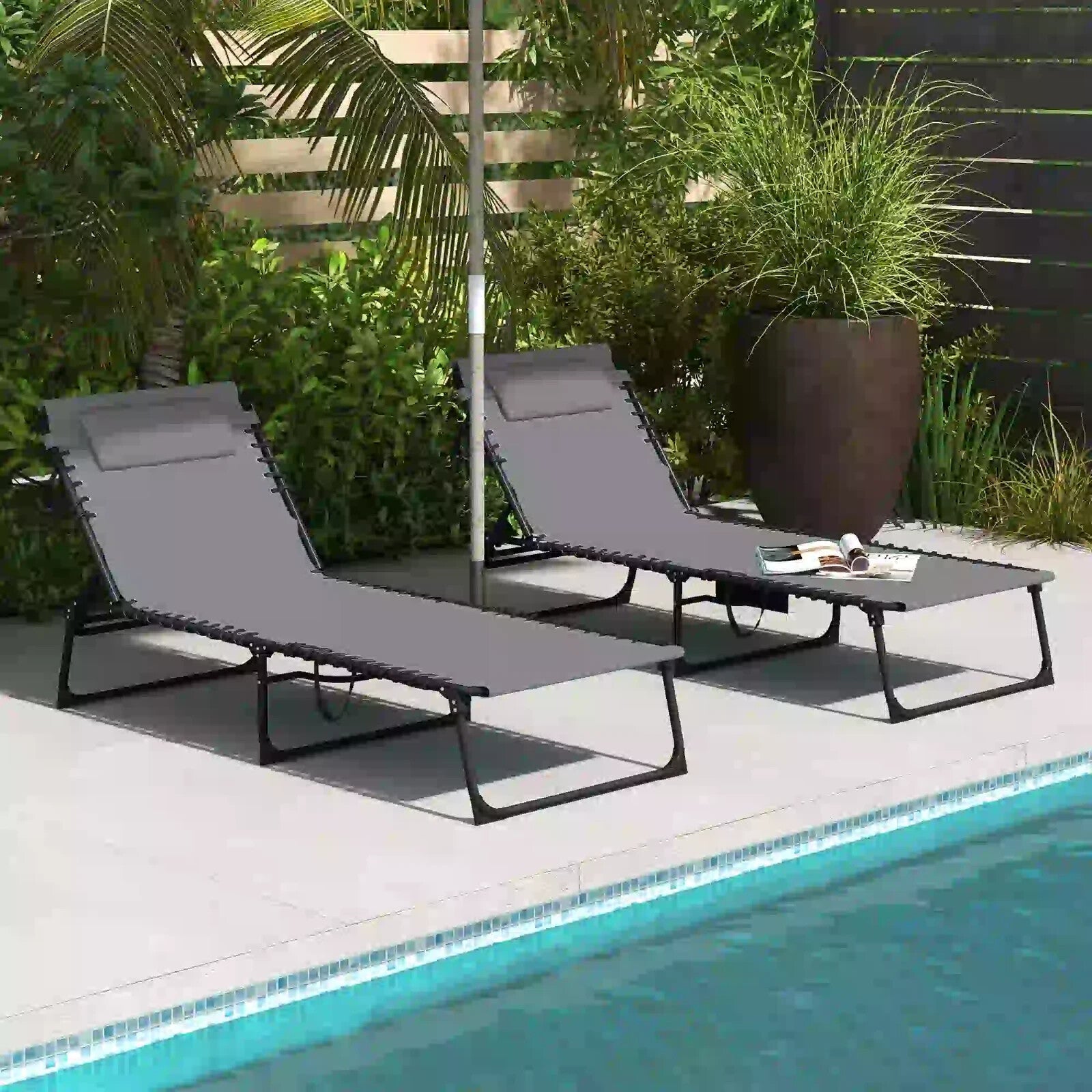 Set of 2 Sun Loungers with Padded Seats and Five - Position Reclining Backs Grey - Home and Garden Furniture Shop - rustic - furniture