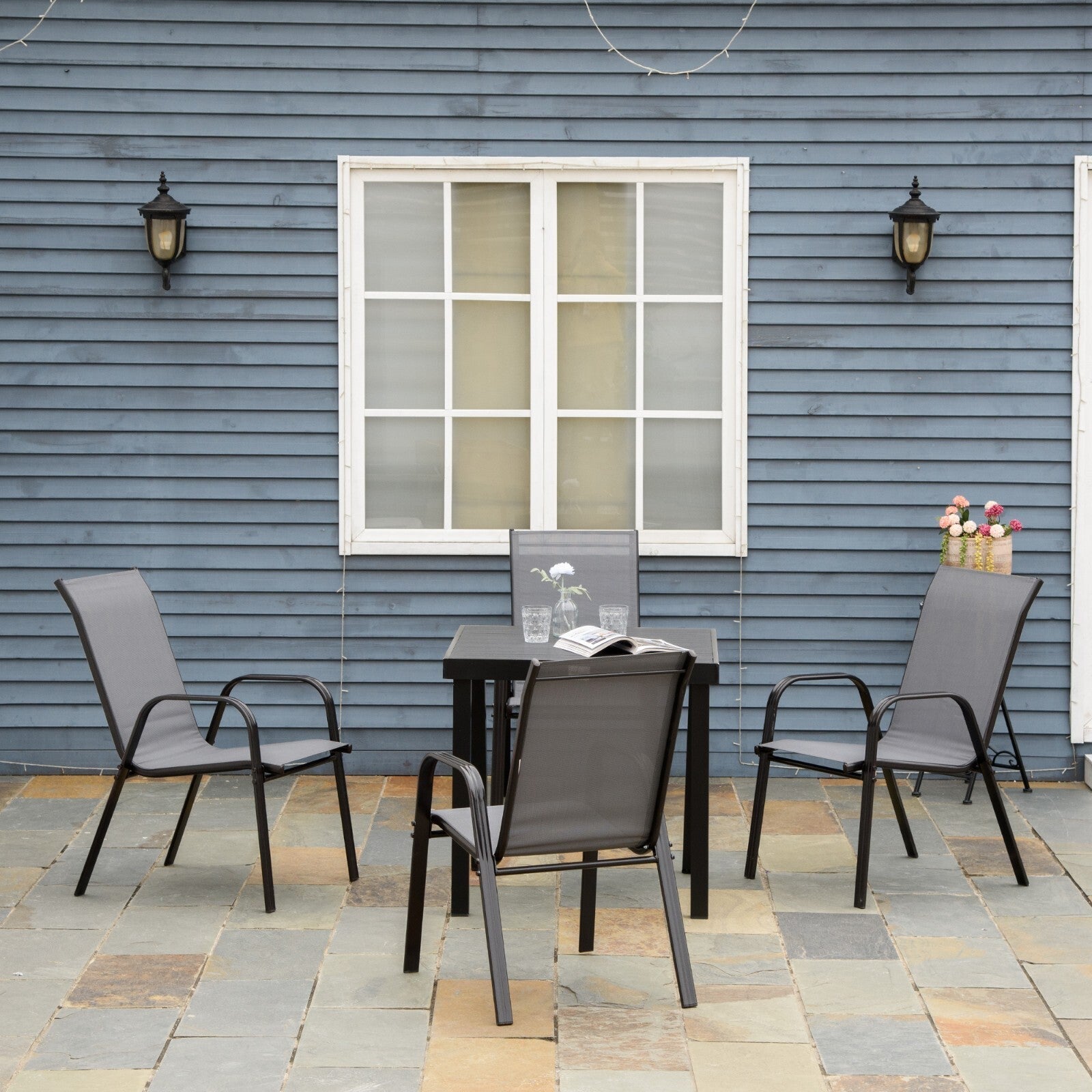 Set of 4 Stackable Garden Dining Chairs with Armrests Outdoor Furniture Seating - Home and Garden Furniture Shop - rustic - furniture