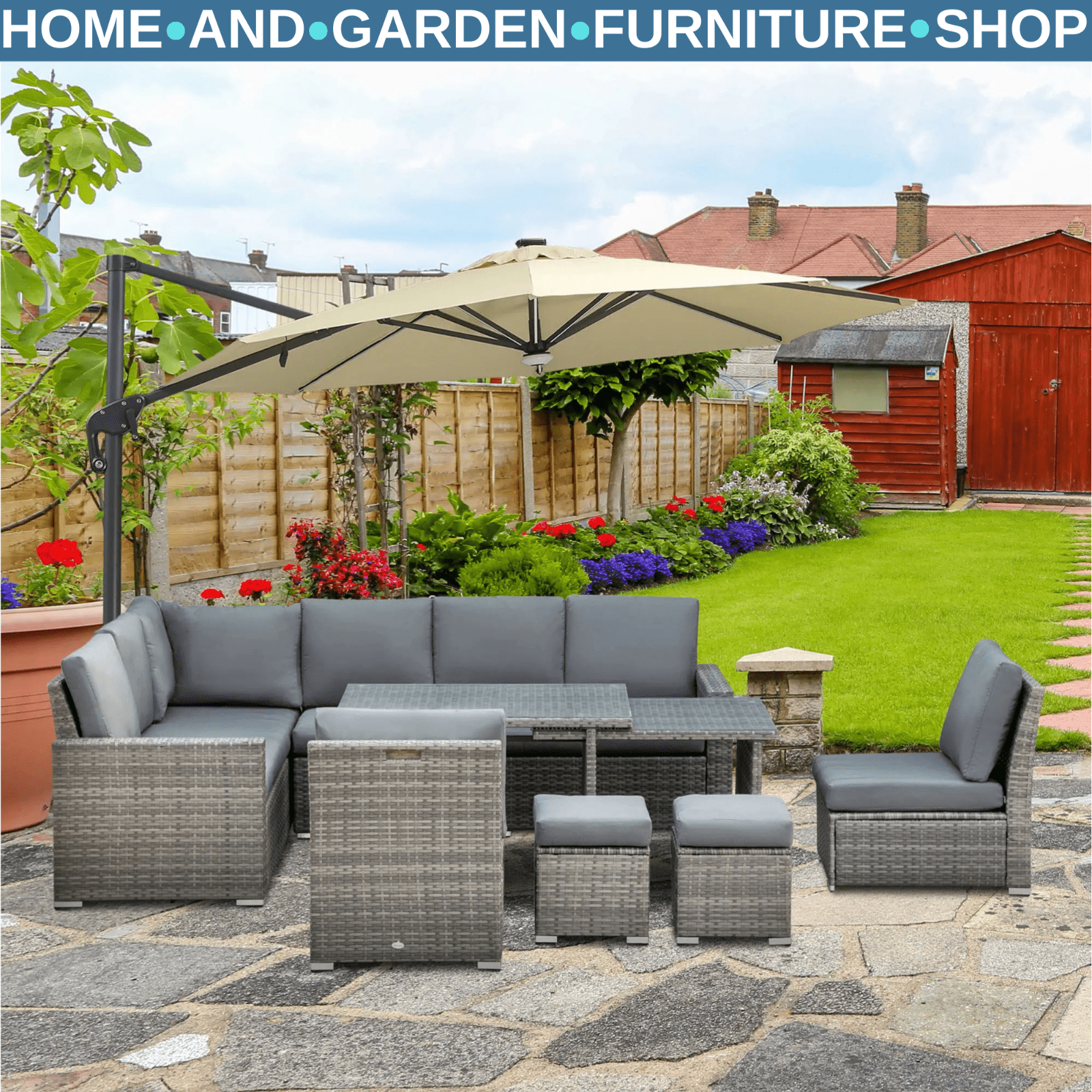 Seven - Piece Rattan Garden Sofa Set with Expanding Table and Stools Cushions Grey - Home and Garden Furniture Shop - rustic - furniture