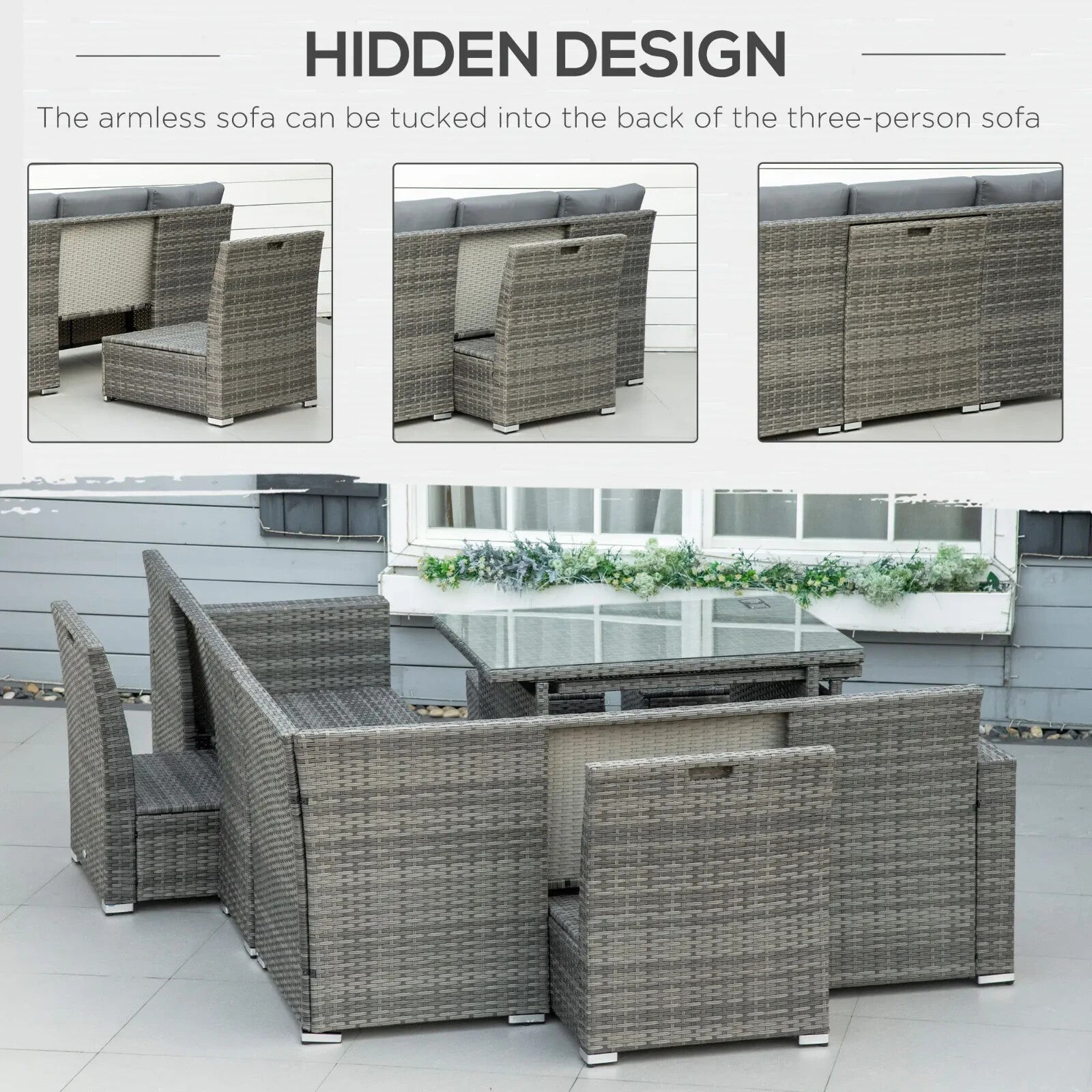 Seven - Piece Rattan Garden Sofa Set with Expanding Table and Stools Cushions Grey - Home and Garden Furniture Shop - rustic - furniture