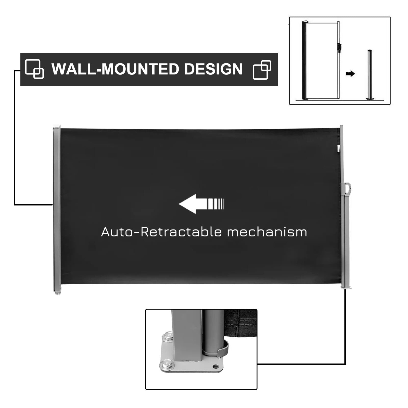 Side Awning Screen Privacy Divider Rectangular Steel Frame Retractable Sun Black - Home and Garden Furniture Shop - #rustic - furniture#