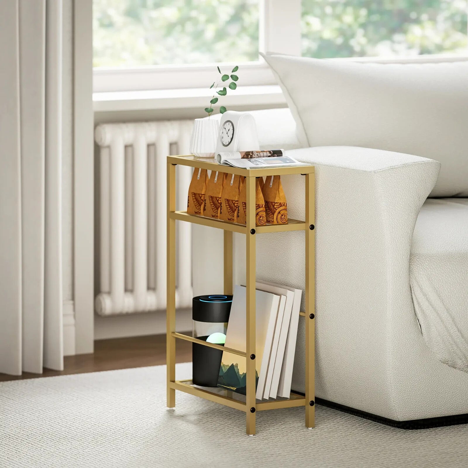 Side Table 3 - Tier Living Room with Storage Shelf and Tempered Glass Gold Tone - Home and Garden Furniture Shop - rustic - furniture