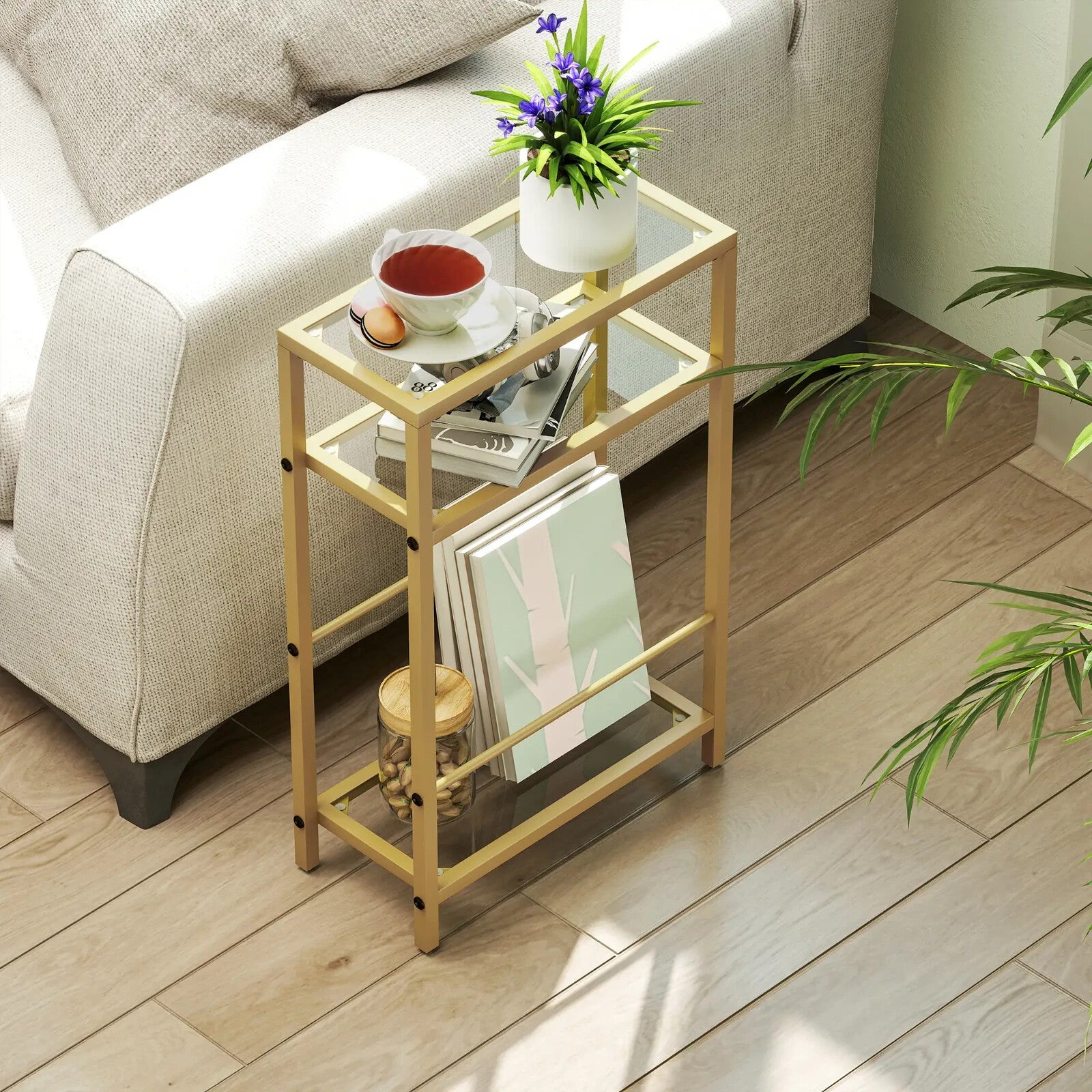 Side Table 3 - Tier Living Room with Storage Shelf and Tempered Glass Gold Tone - Home and Garden Furniture Shop - rustic - furniture