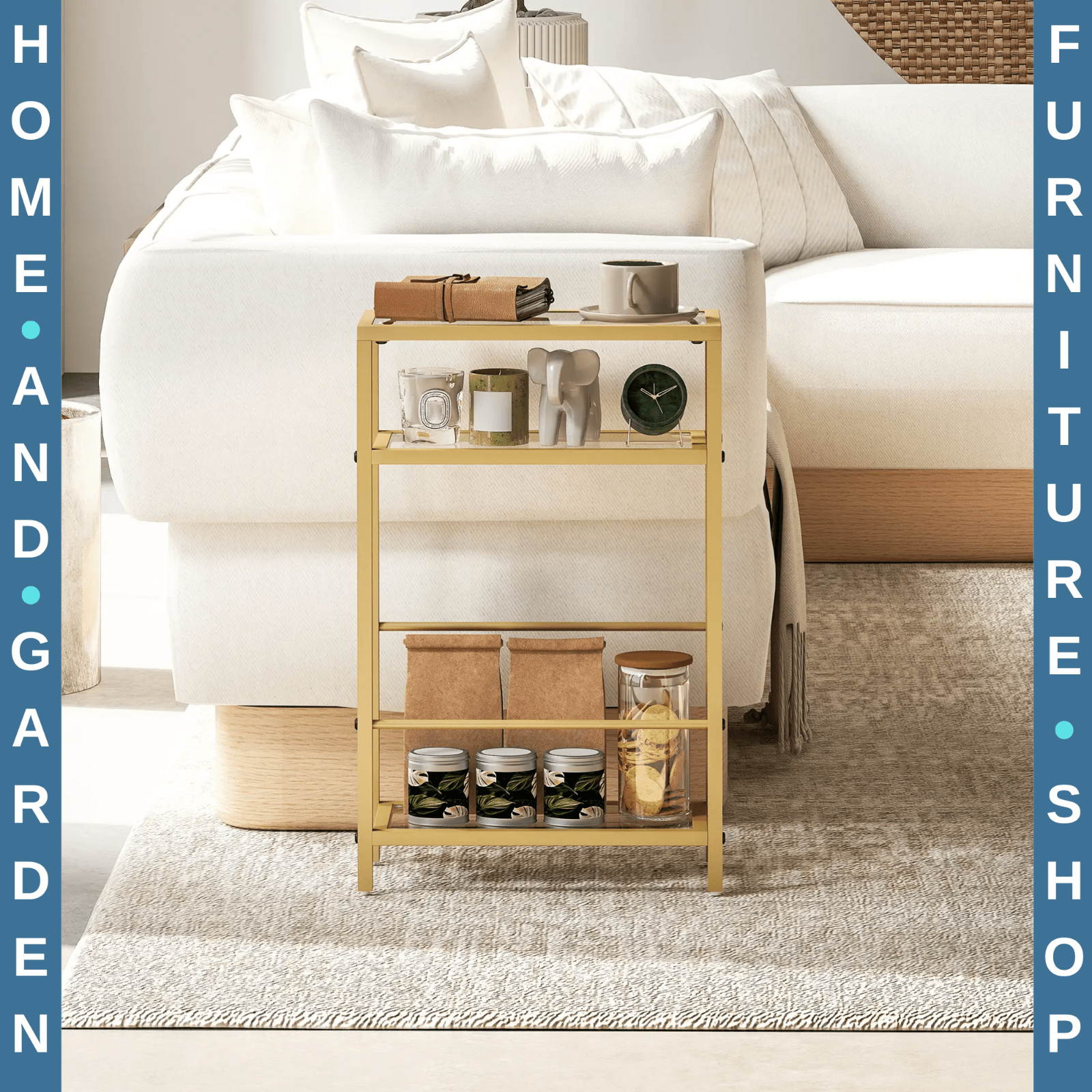 Side Table 3 - Tier Living Room with Storage Shelf and Tempered Glass Gold Tone - Home and Garden Furniture Shop - rustic - furniture