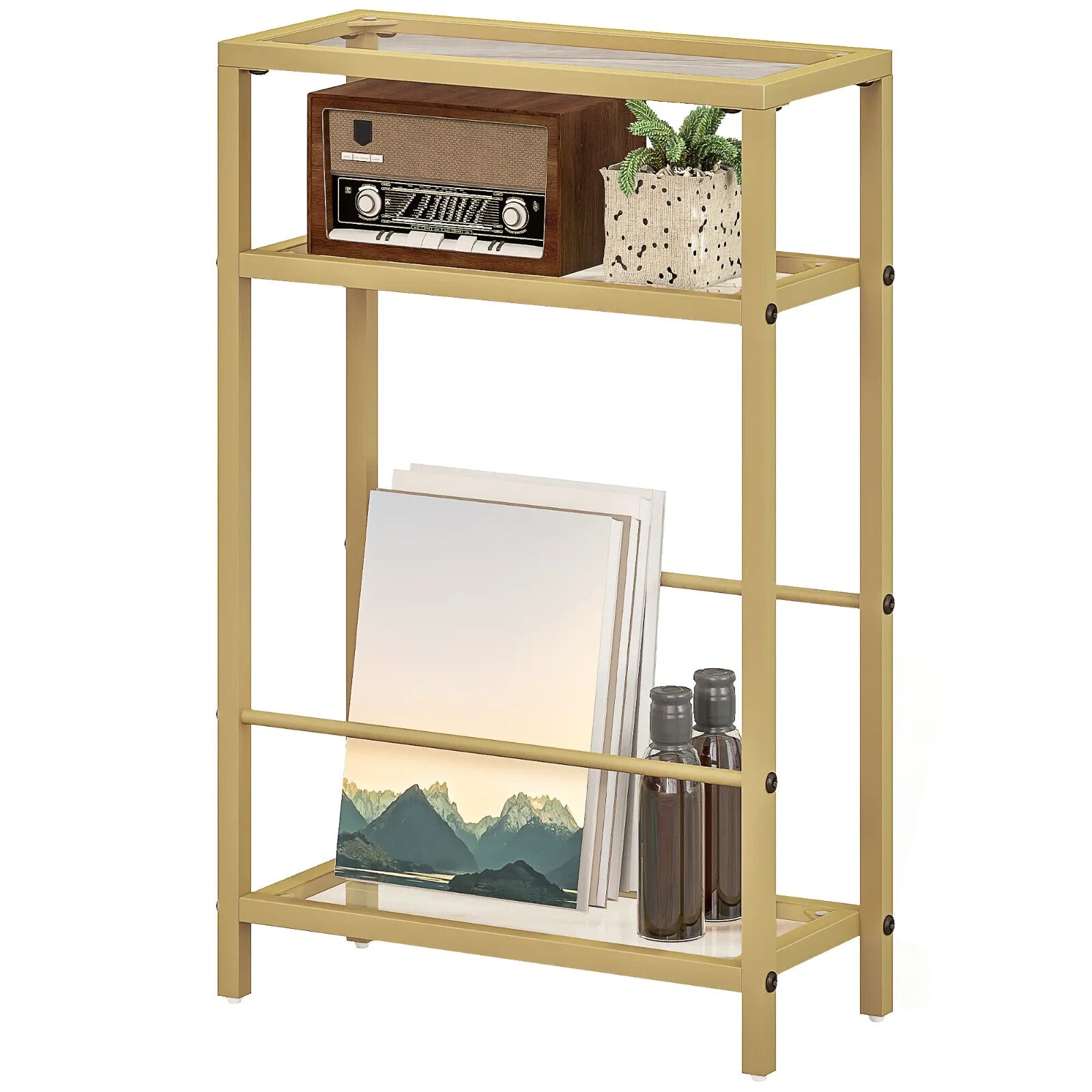 Side Table 3 - Tier Living Room with Storage Shelf and Tempered Glass Gold Tone - Home and Garden Furniture Shop - rustic - furniture