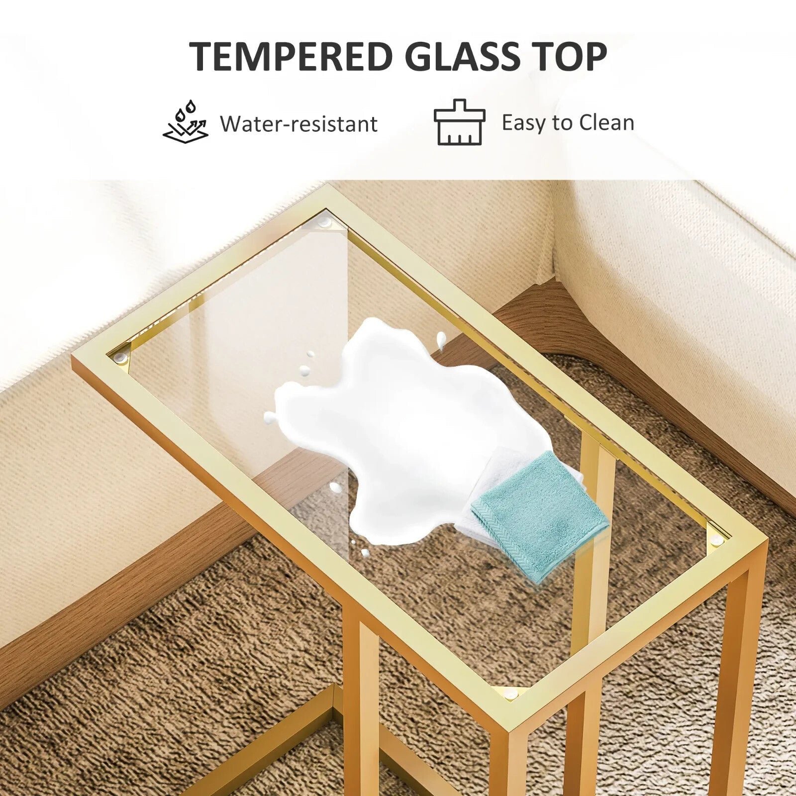 Side Table C - Shaped Steel Frame Living Room with Tempered Glass Top Gold Tone - Home and Garden Furniture Shop - rustic - furniture