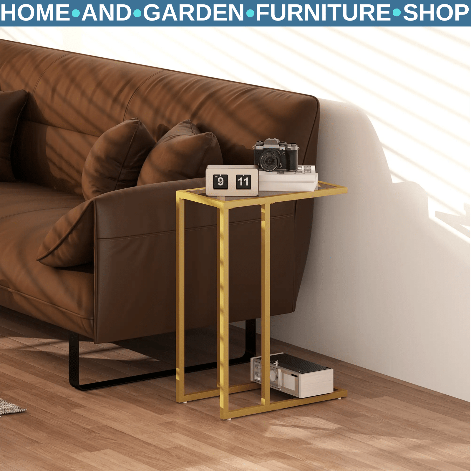 Side Table C - Shaped Steel Frame Living Room with Tempered Glass Top Gold Tone - Home and Garden Furniture Shop - rustic - furniture