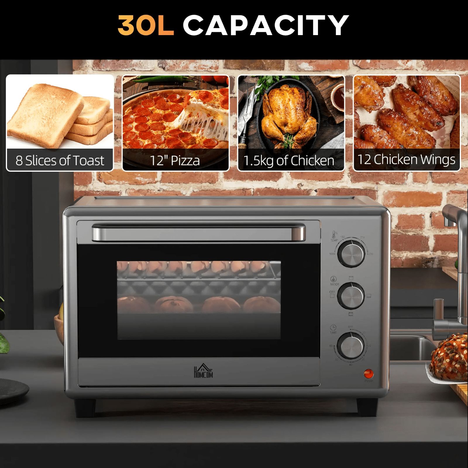 Silver 30L Mini Oven Countertop Toaster Oven Adjustable Temperature Timer 1600W - Home and Garden Furniture Shop - rustic - furniture