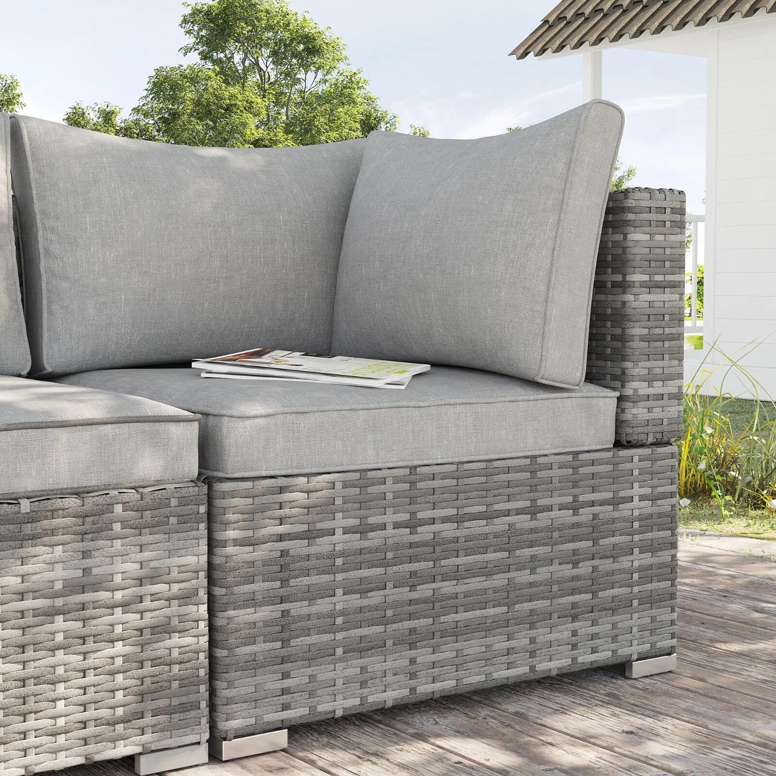 Single Corner Sofa PE Rattan Garden Furniture Set with Cushions for Patio Grey - Home and Garden Furniture Shop - rustic - furniture