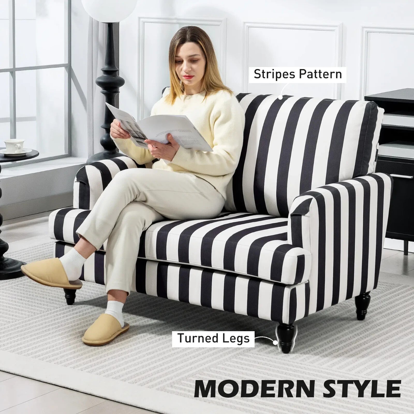 Single Sofa Turned Legs with Upholstered Snuggle Chair & Bedroom Black Striped - Home and Garden Furniture Shop - rustic - furniture