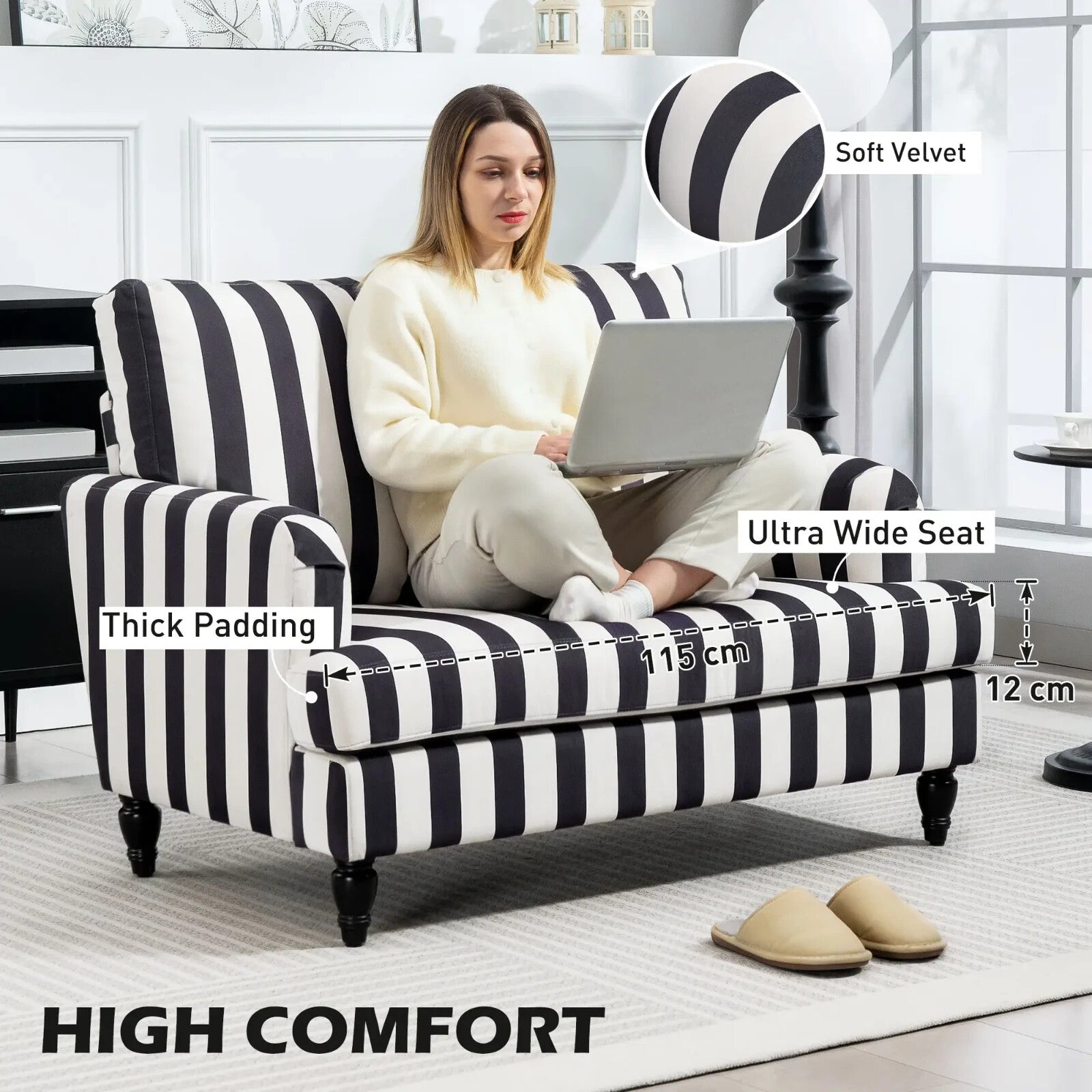 Single Sofa Turned Legs with Upholstered Snuggle Chair & Bedroom Black Striped - Home and Garden Furniture Shop - rustic - furniture