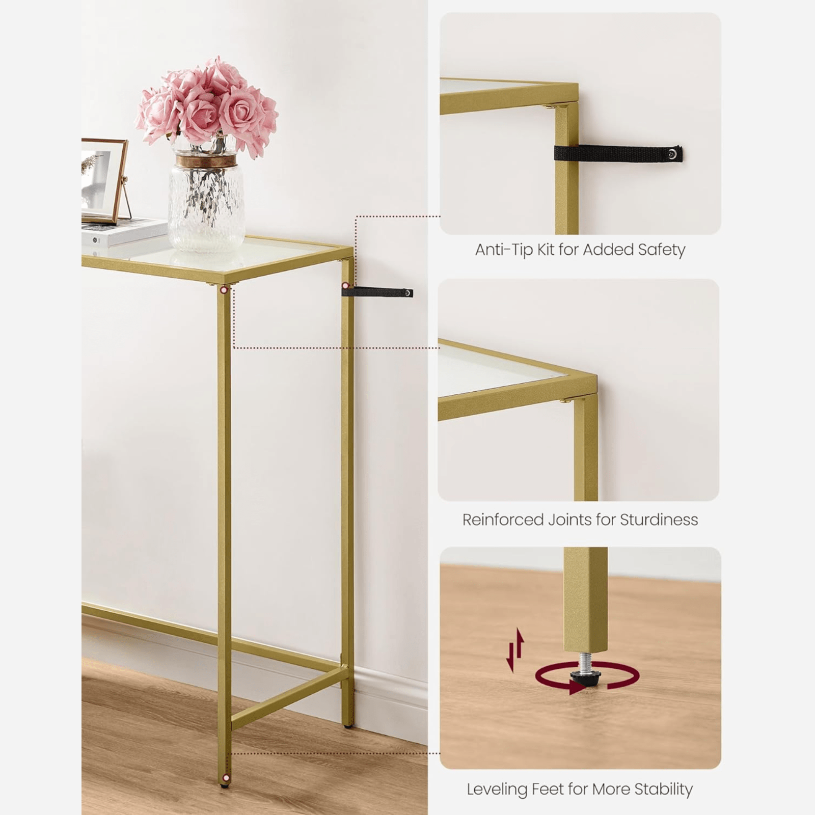 Slim Glass Console Table Hallway Metal Gold Shelving Unit Side Display Cabinet - Home and Garden Furniture Shop - #rustic - furniture#