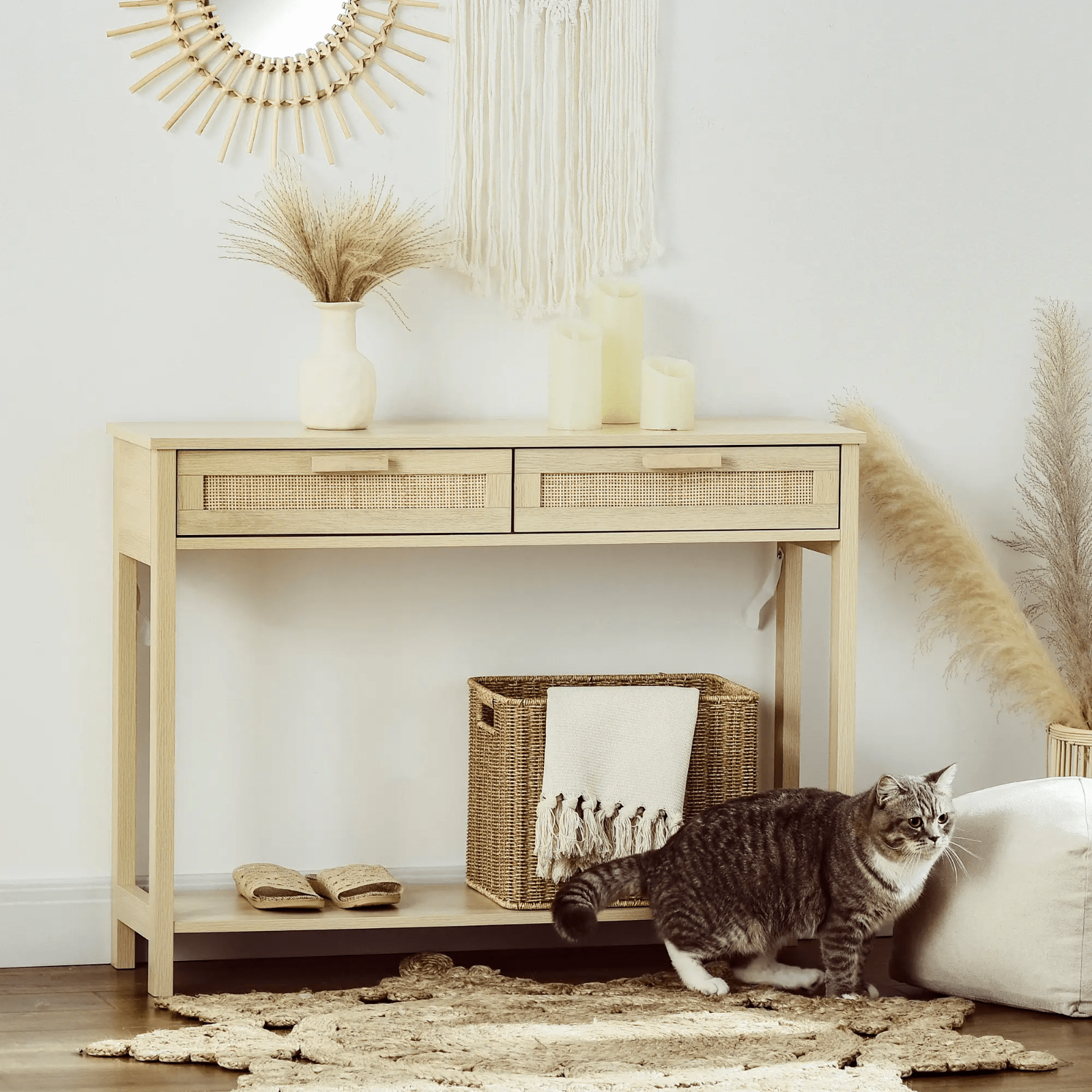 Slim Hallway Console Table Storage Shelf 2 Drawers Sofa Table Oak Wooden Effect - Home and Garden Furniture Shop - rustic - furniture