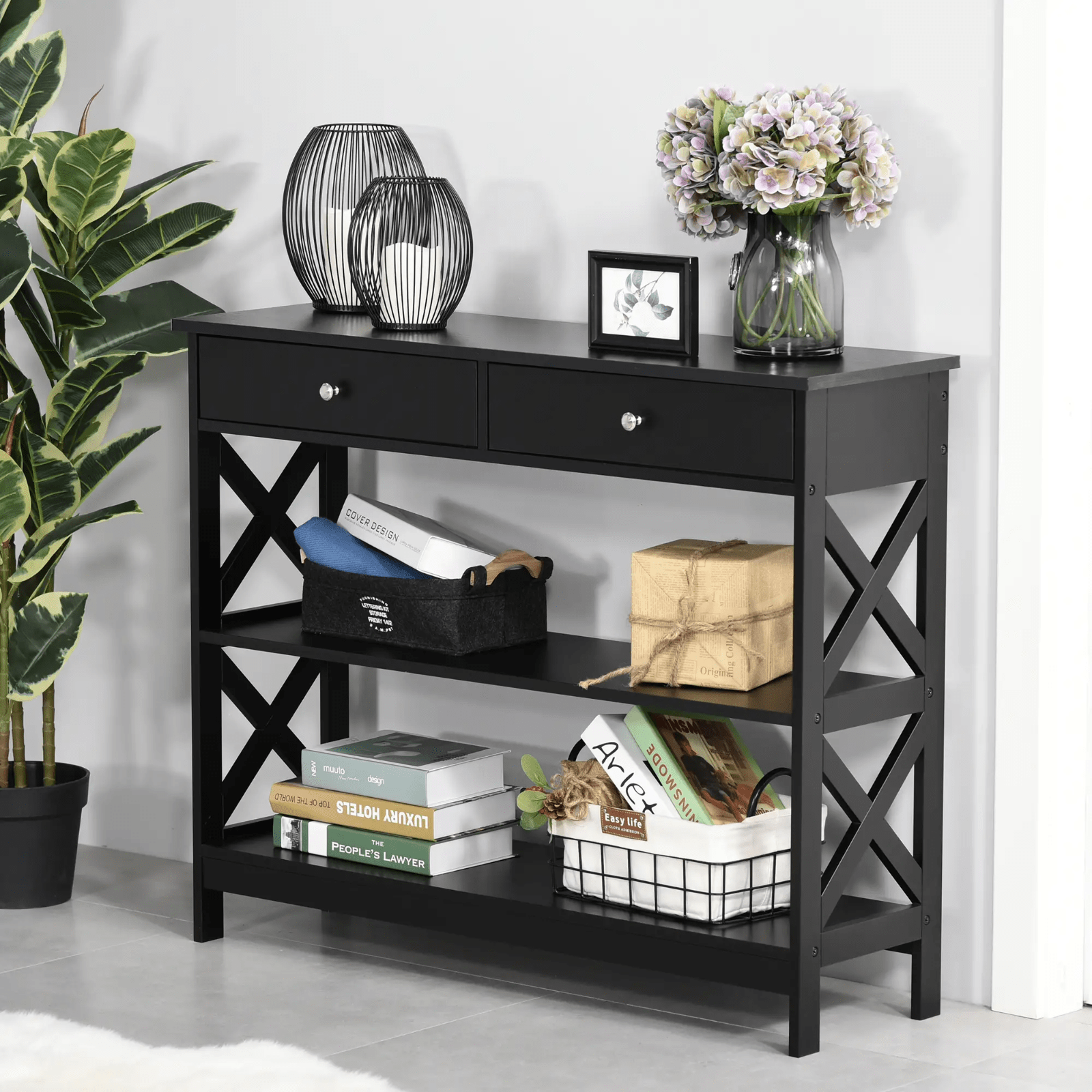 Slim Hallway Console Table Storage Shelves Drawers Black Living Room Sofa Table - Home and Garden Furniture Shop - #rustic - furniture#