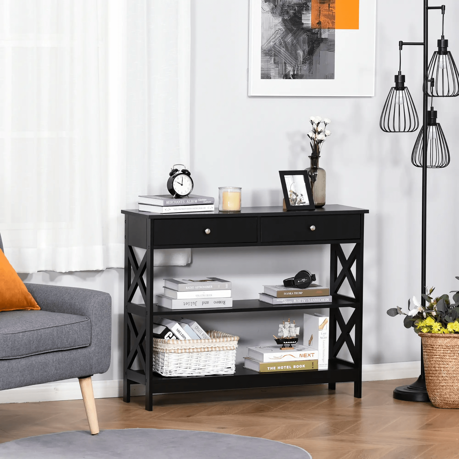 Slim Hallway Console Table Storage Shelves Drawers Black Living Room Sofa Table - Home and Garden Furniture Shop - #rustic - furniture#