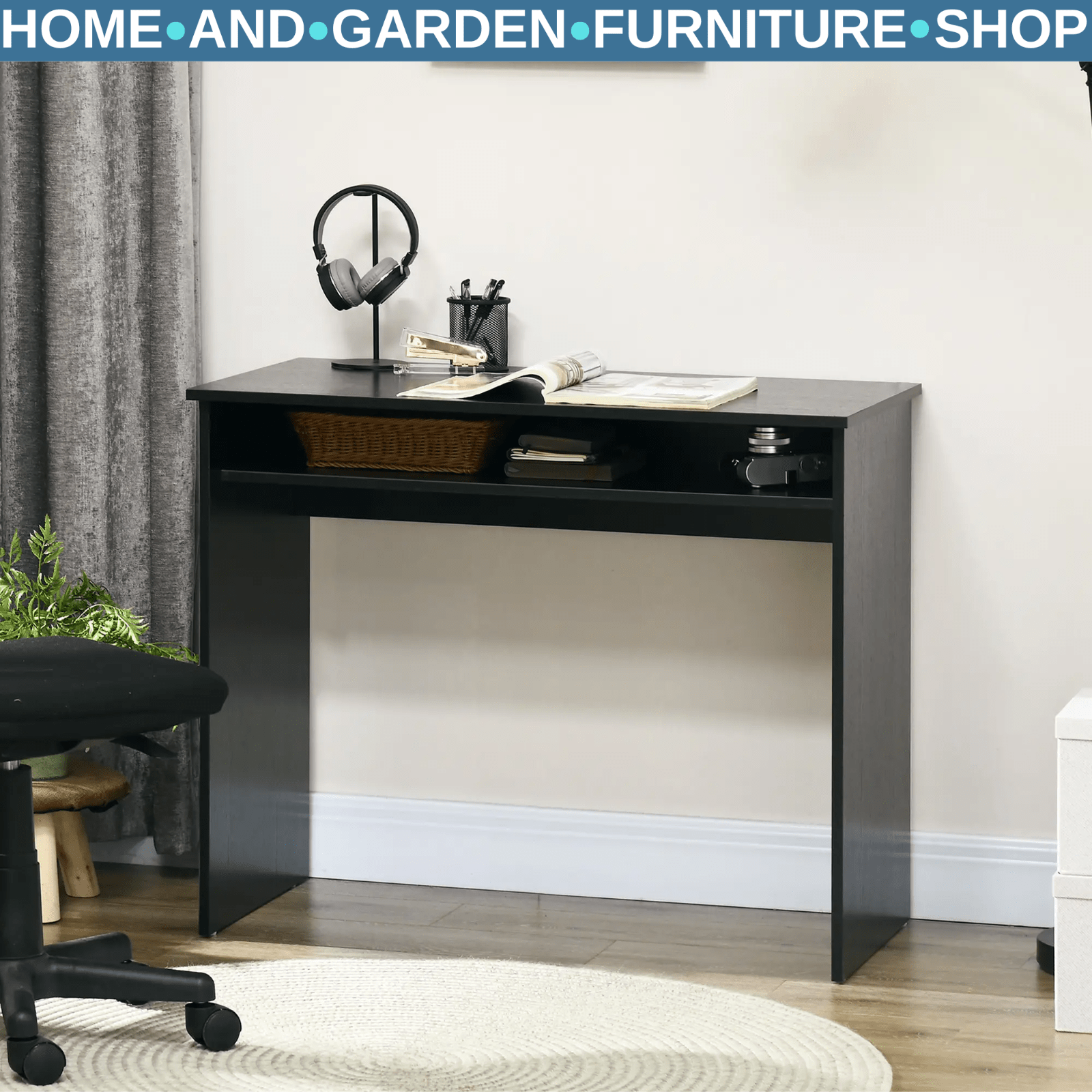 Small Black Computer Desk Compact Writing Table Study Workstation Storage Shelf - Home and Garden Furniture Shop - rustic - furniture