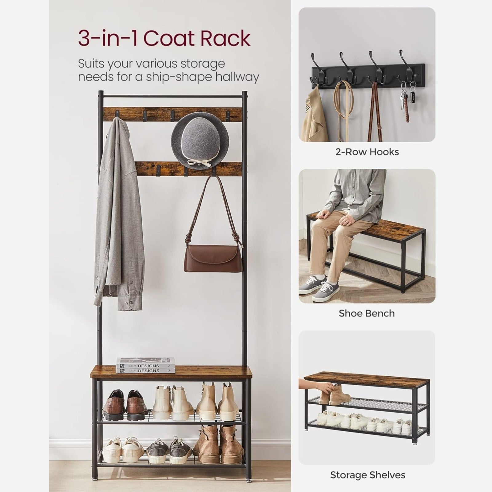 Small Coat Rack Hat and Coat Stand Hall Tree Hallway Shoe Rack Storage Organiser - Home and Garden Furniture Shop - rustic - furniture