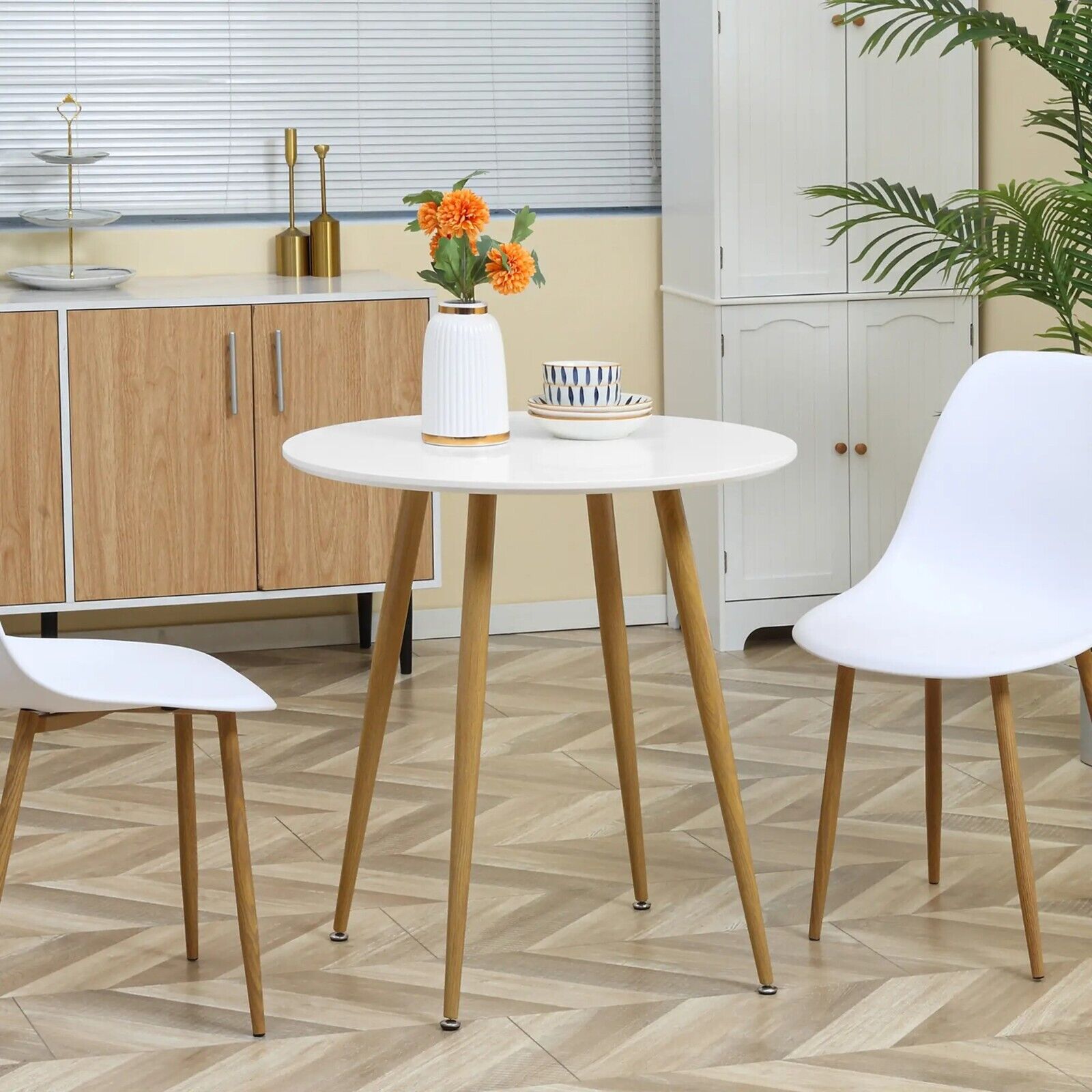 Small Round Dining Table Metal Legs Wood Effect White Kitchen Table for 2 People - Home and Garden Furniture Shop - #rustic - furniture#