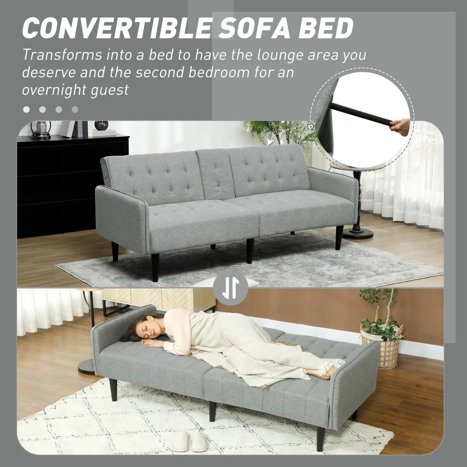 Sofa Bed 3 Seater with Adjustable Tufted Backrest & Padded Seat Light Grey - Home and Garden Furniture Shop - rustic - furniture