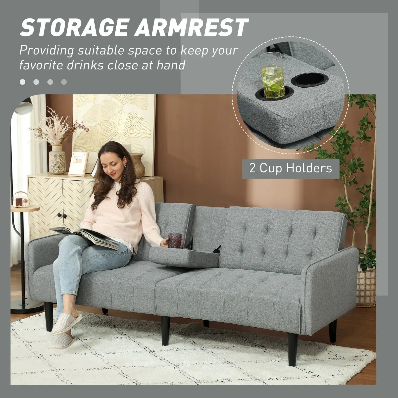 Sofa Bed 3 Seater with Adjustable Tufted Backrest & Padded Seat Light Grey - Home and Garden Furniture Shop - rustic - furniture