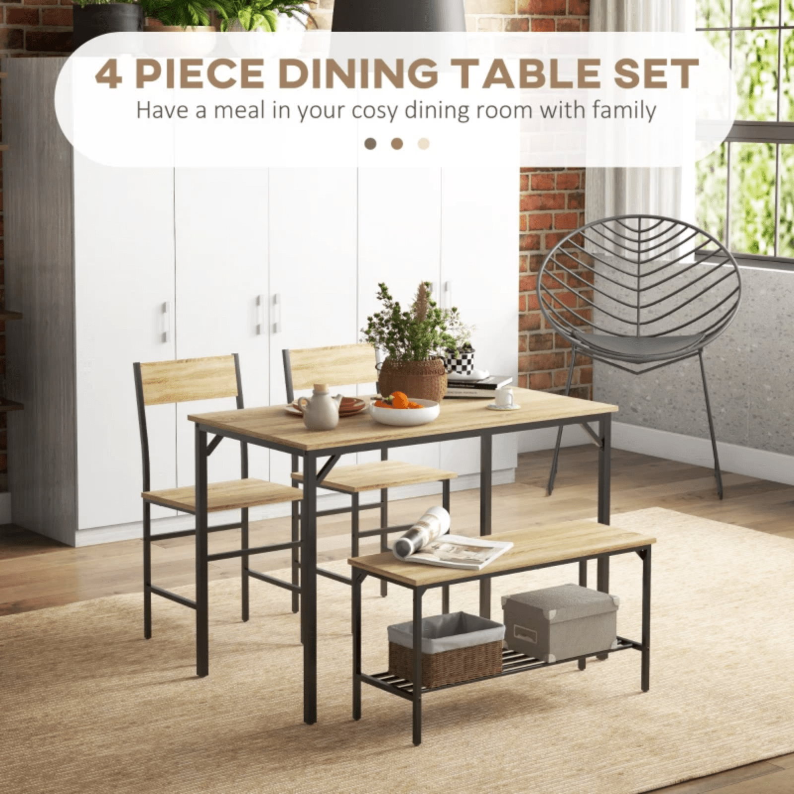 Space Saving Dining Table and Chairs Set Bench 4 Piece Industrial Kitchen Table - Home and Garden Furniture Shop - #rustic - furniture#