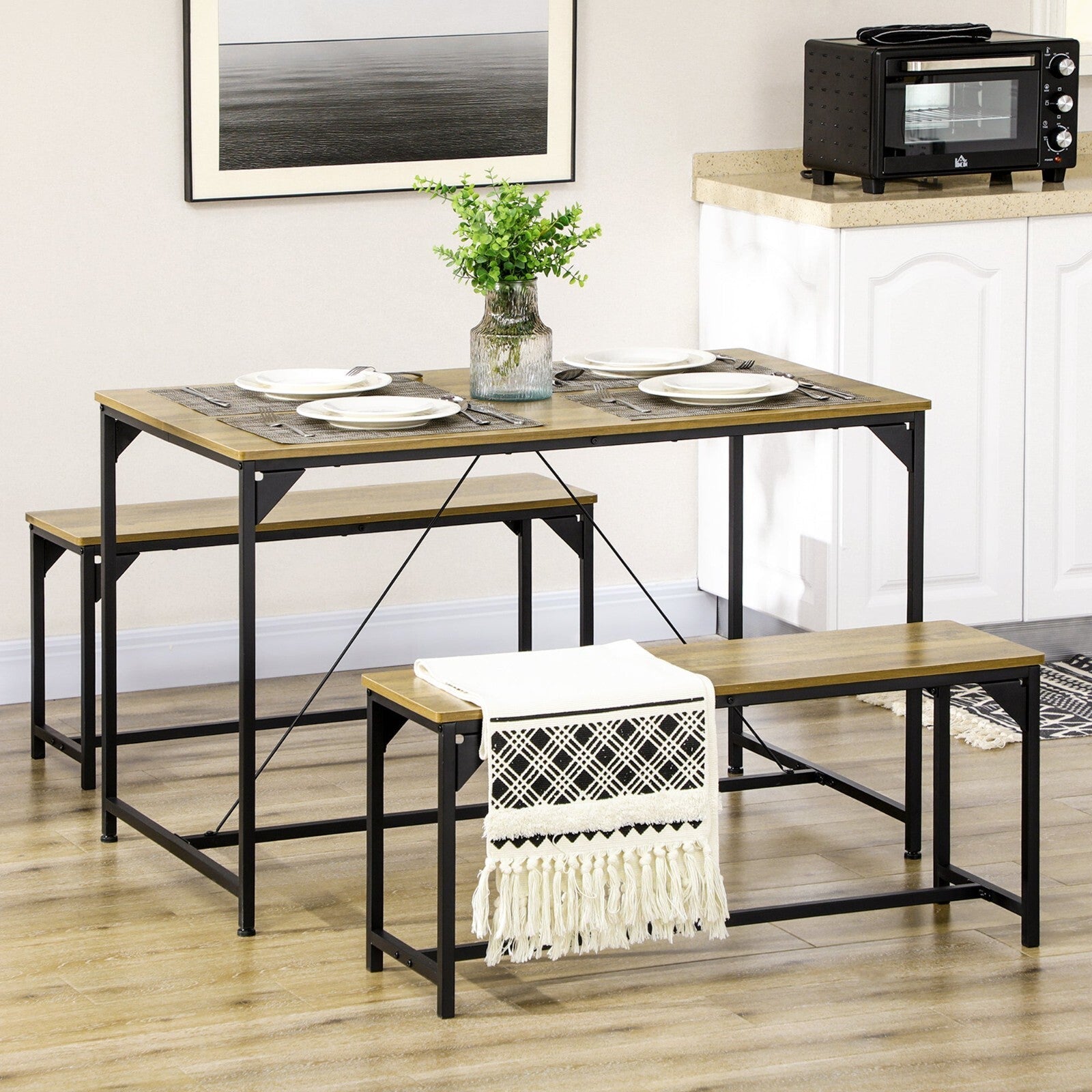 Space Saving Industrial Dining Table 2 Benches Set Kitchen Breakfast Metal Legs - Home and Garden Furniture Shop - rustic - furniture