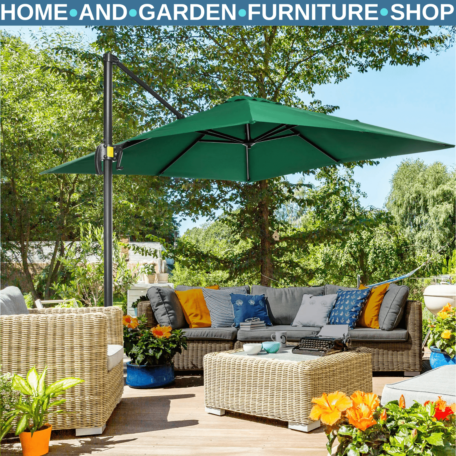 Square Garden Parasol Green Cantilever Umbrella with 360 Rotation 245cm Outdoor - Home and Garden Furniture Shop - rustic - furniture