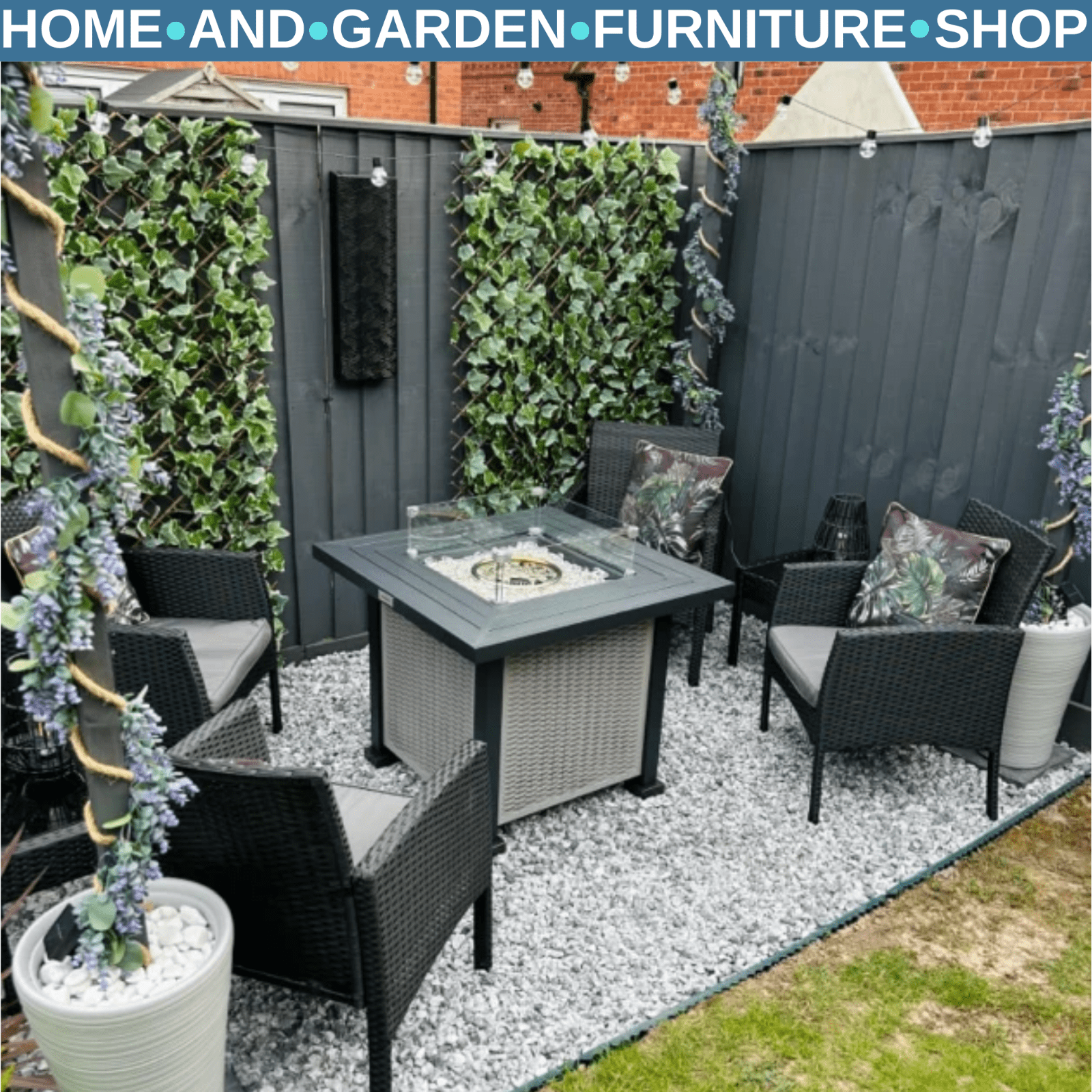 Square Rattan Gas Fire Pit Table w/ Glass Screen Lid Beads 50000 BTU 81x81x64cm - Home and Garden Furniture Shop - rustic - furniture