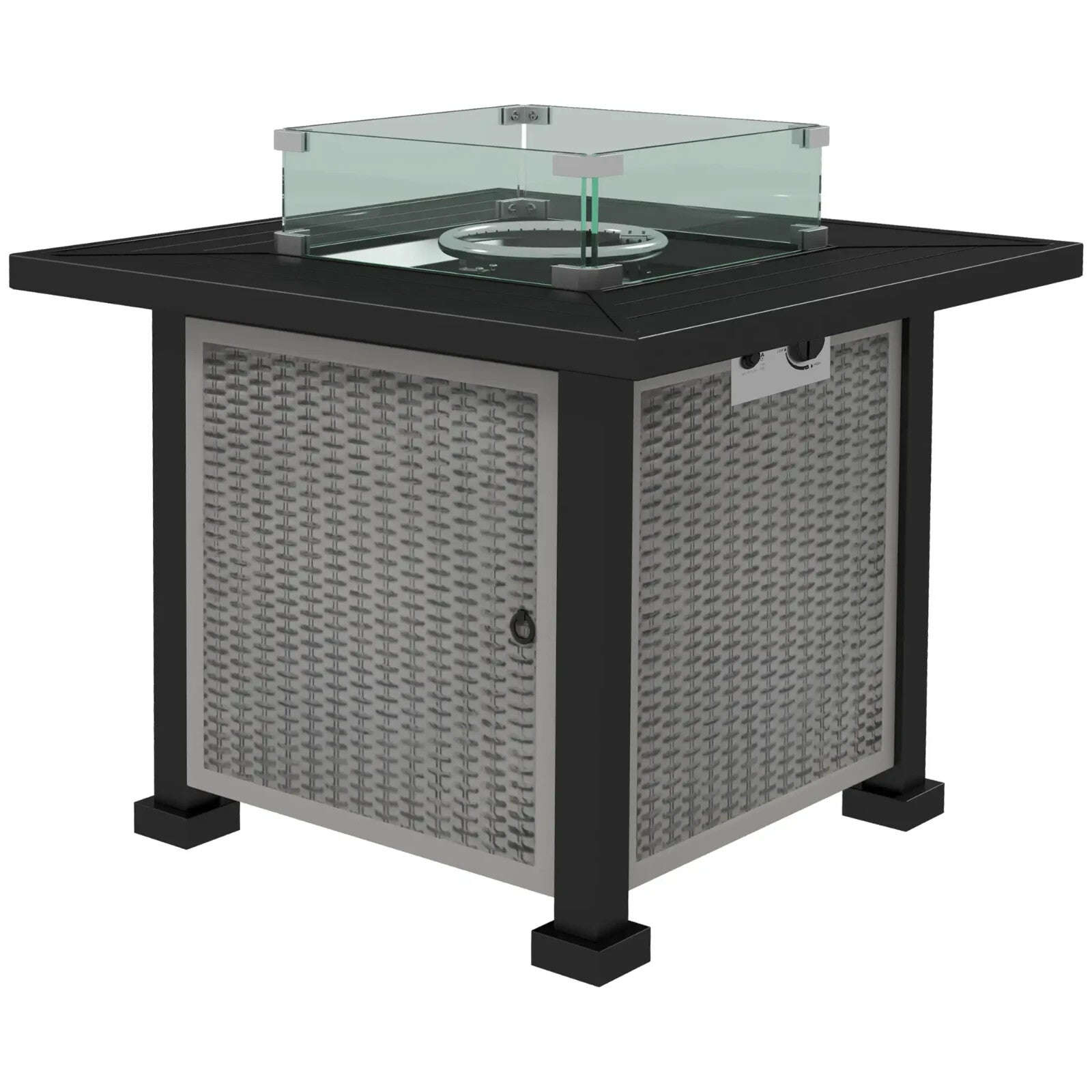 Square Rattan Gas Fire Pit Table w/ Glass Screen Lid Beads 50000 BTU 81x81x64cm - Home and Garden Furniture Shop - rustic - furniture