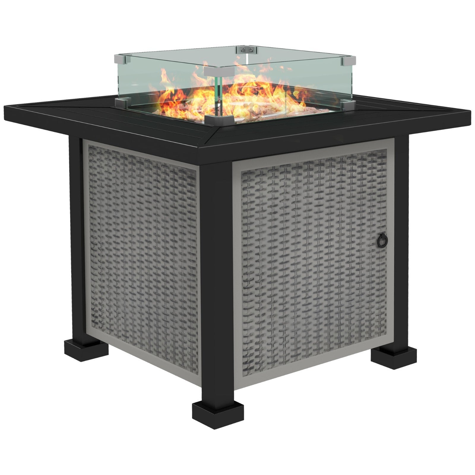 Square Rattan Gas Fire Pit Table w/ Glass Screen Lid Beads 50000 BTU 81x81x64cm - Home and Garden Furniture Shop - rustic - furniture