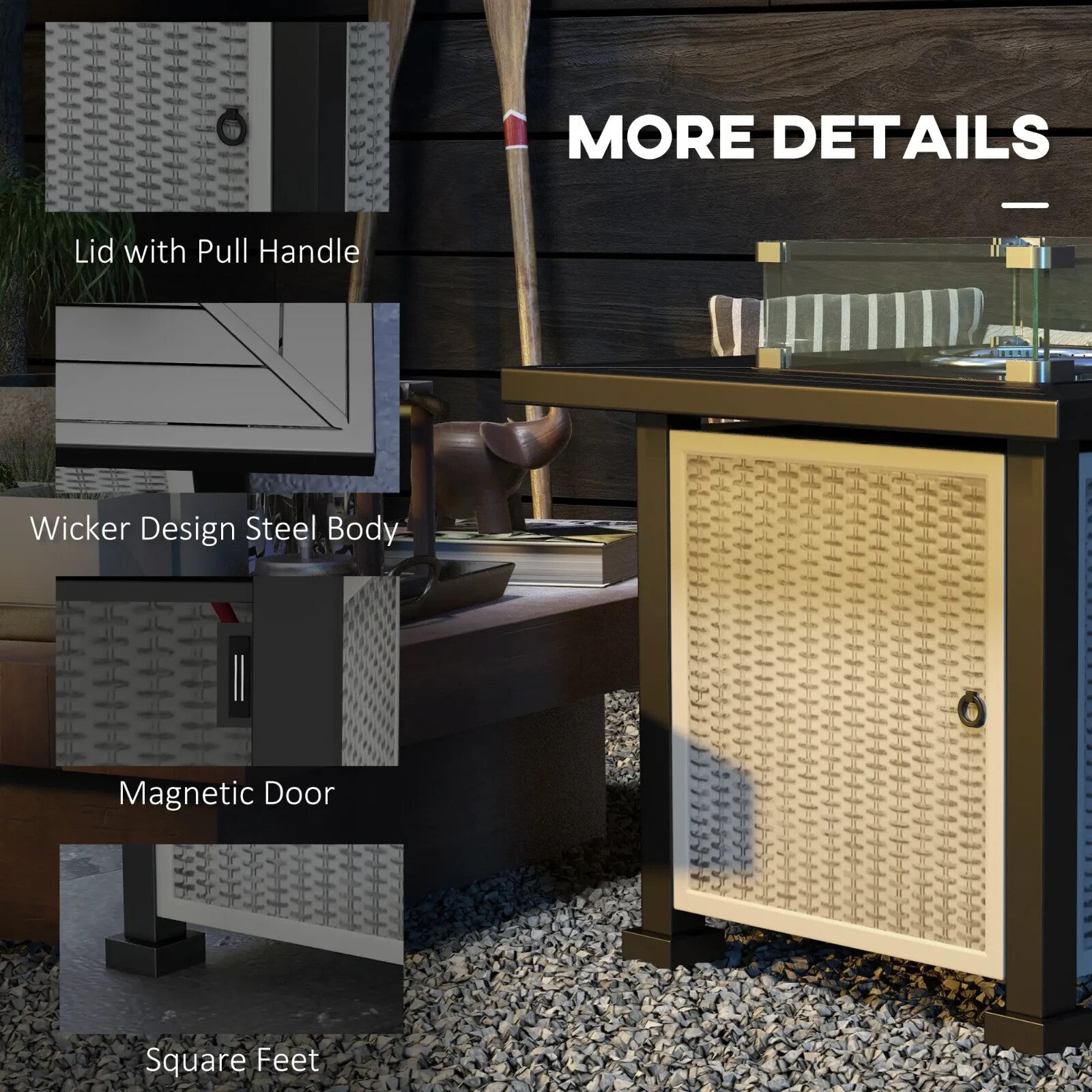 Square Rattan Gas Fire Pit Table w/ Glass Screen Lid Beads 50000 BTU 81x81x64cm - Home and Garden Furniture Shop - rustic - furniture