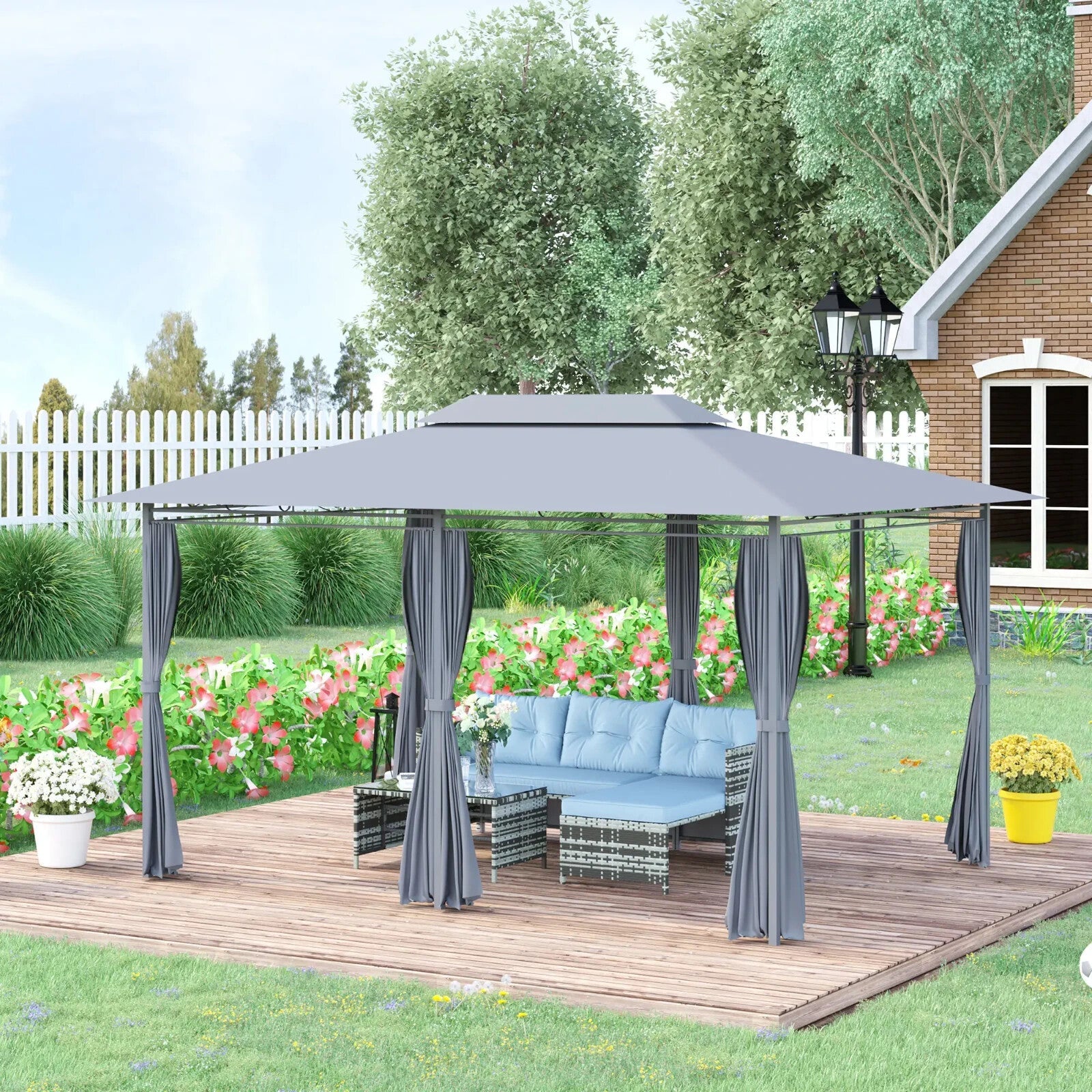 Steel Frame Gazebo Curtains 4m x 3m Outdoor 2 - Tier Garden Tent Sun Shade Cover - Home and Garden Furniture Shop - rustic - furniture