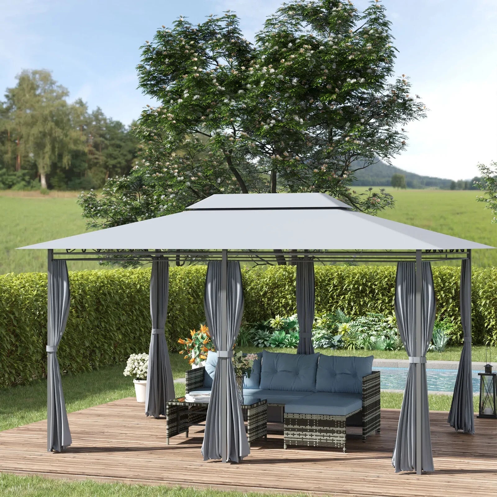Steel Frame Gazebo Curtains 4m x 3m Outdoor 2 - Tier Garden Tent Sun Shade Cover - Home and Garden Furniture Shop - rustic - furniture